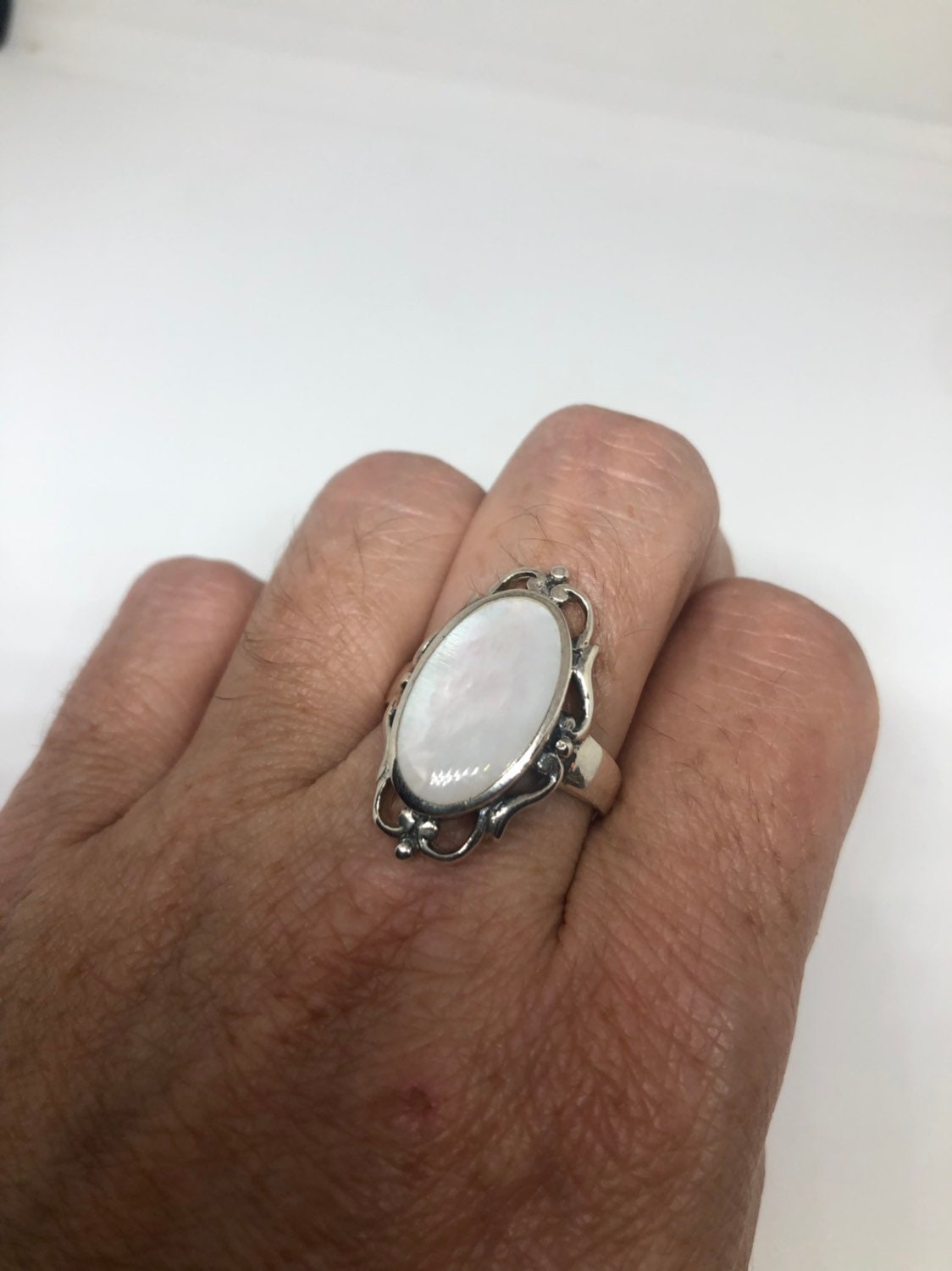 Antique White Mother of Pearl Filigree Sterling Silver Ring