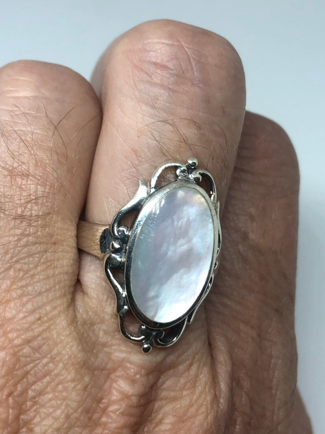 Antique White Mother of Pearl Filigree Sterling Silver Ring