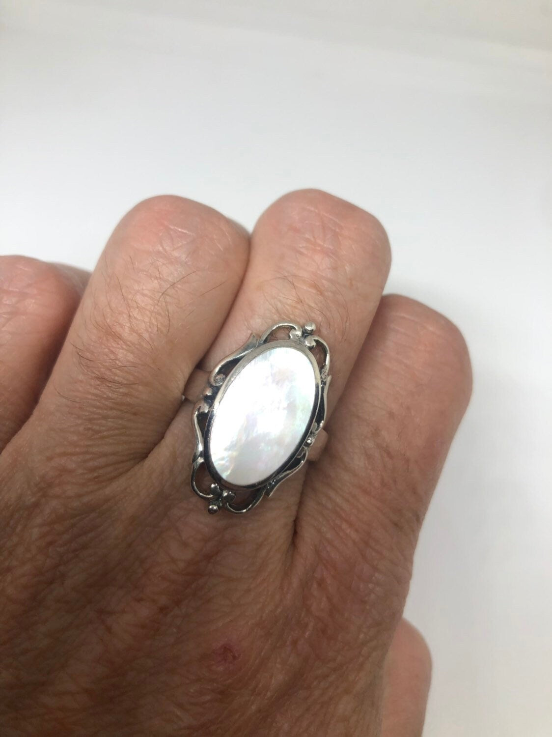 Antique White Mother of Pearl Filigree Sterling Silver Ring