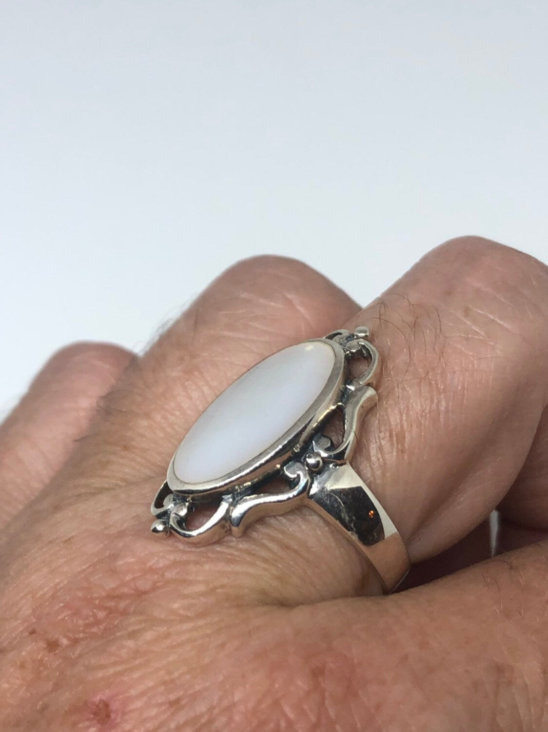 Antique White Mother of Pearl Filigree Sterling Silver Ring