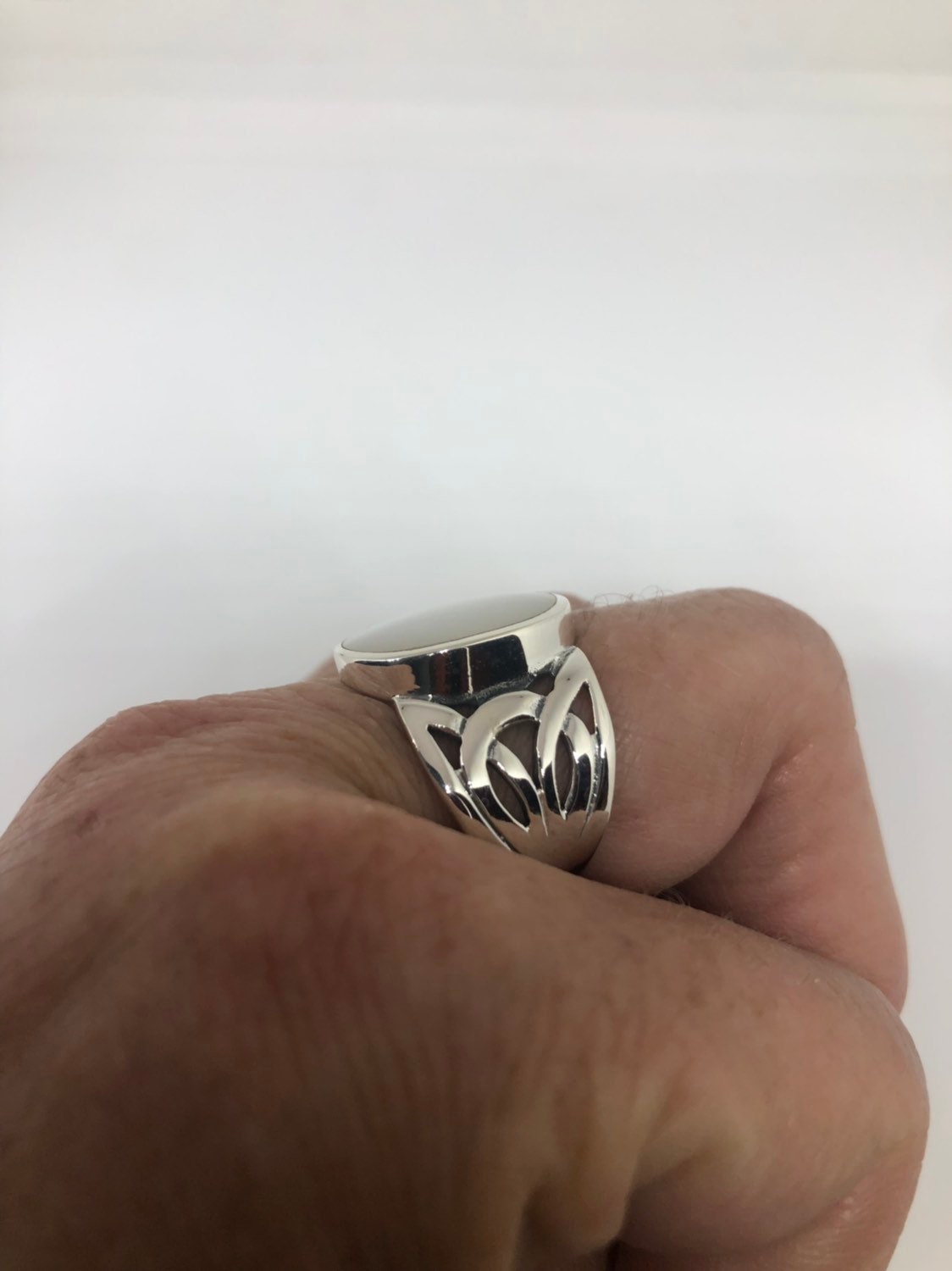 Antique White Mother of Pearl Filigree Sterling Silver Ring