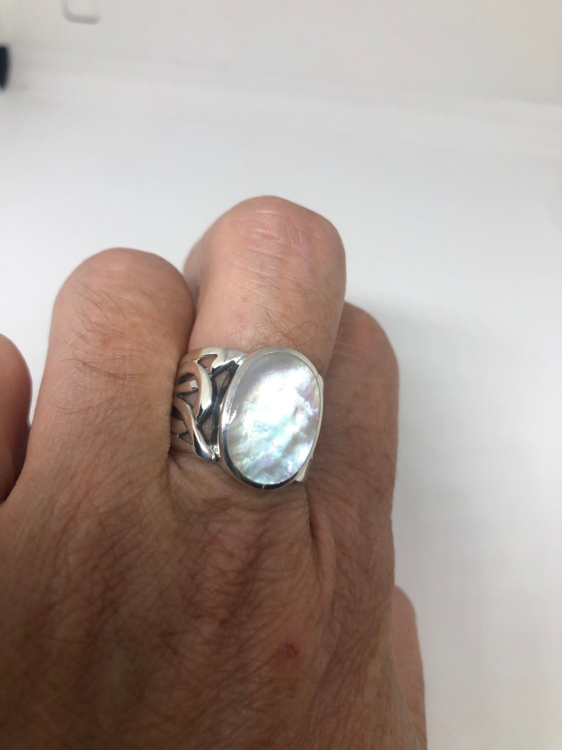 Antique White Mother of Pearl Filigree Sterling Silver Ring