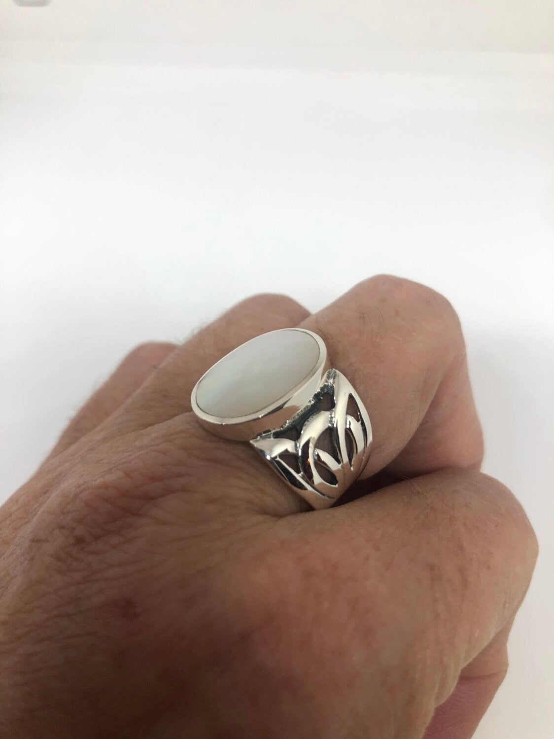 Antique White Mother of Pearl Filigree Sterling Silver Ring