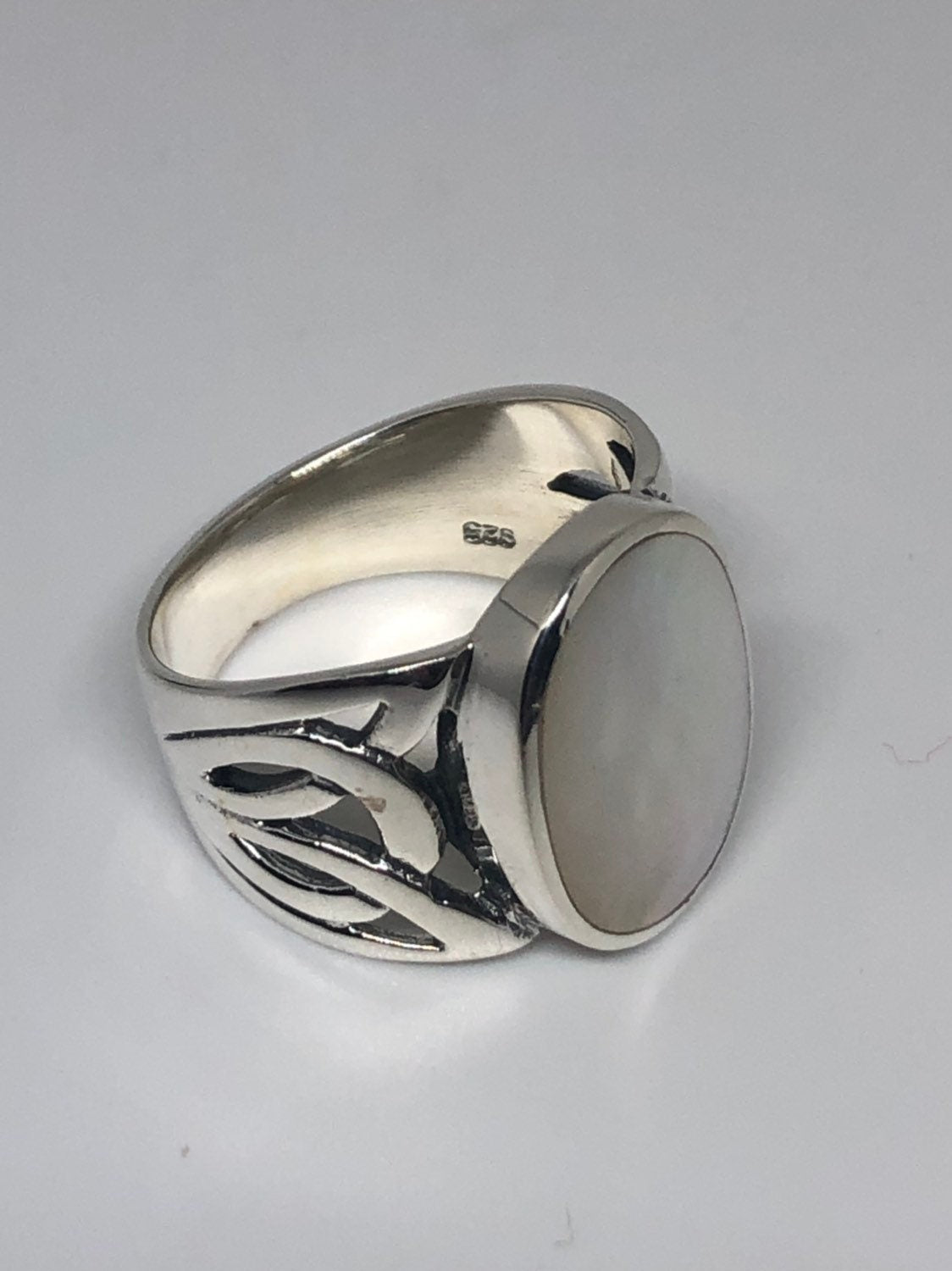 Antique White Mother of Pearl Filigree Sterling Silver Ring