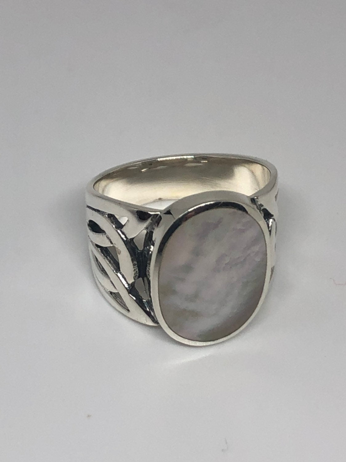 Antique White Mother of Pearl Filigree Sterling Silver Ring