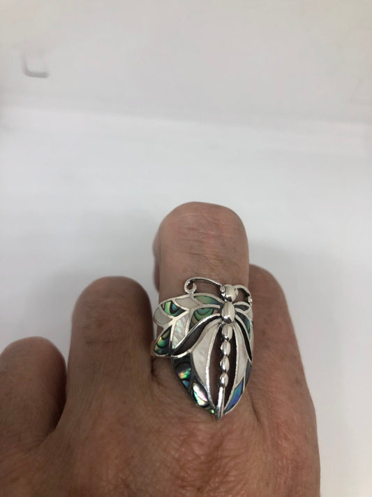 Antique Deco Mother of Pearl Abalone Dragonfly Filigree Sterling Silver Ring