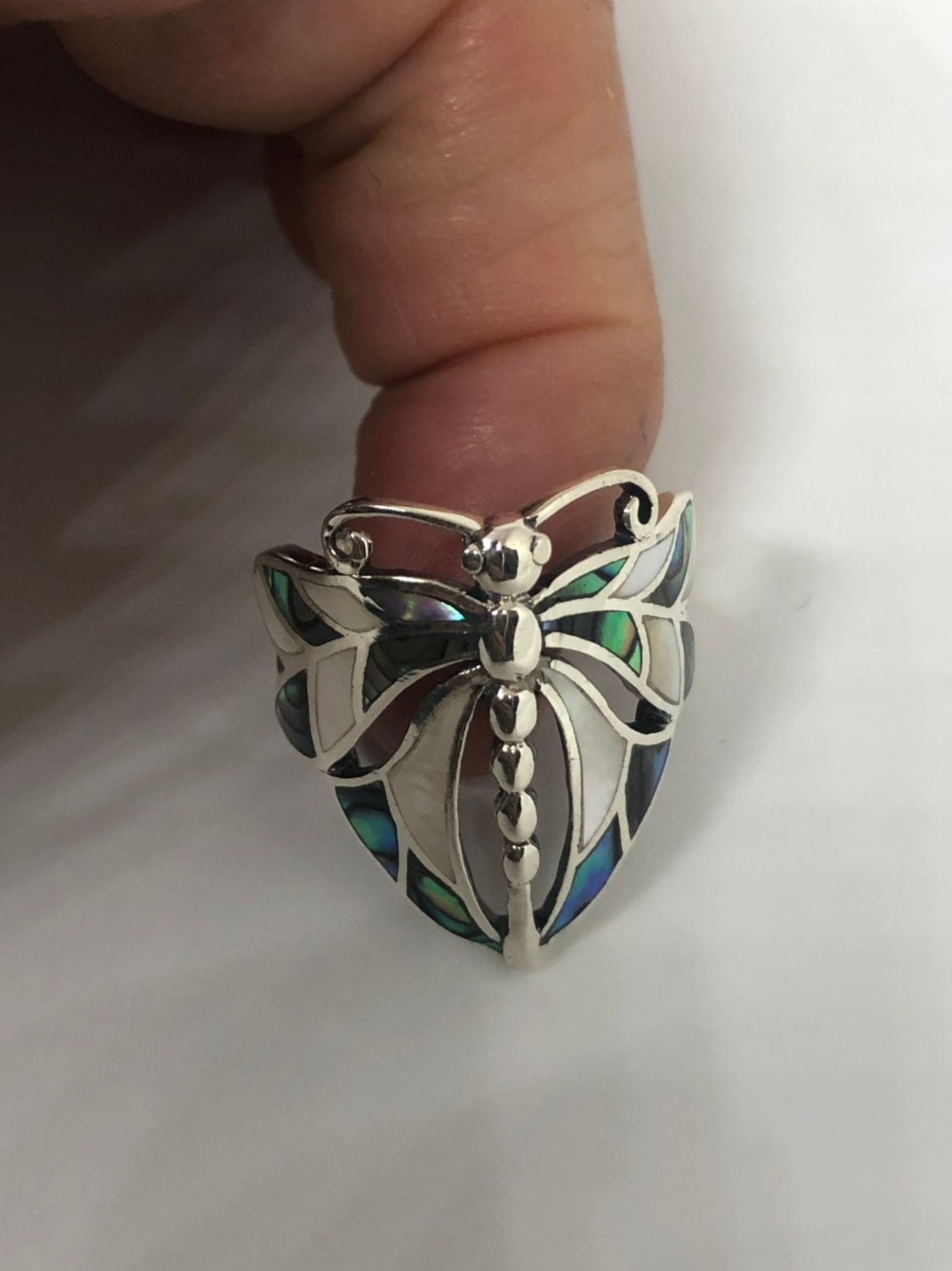 Antique Deco Mother of Pearl Abalone Dragonfly Filigree Sterling Silver Ring