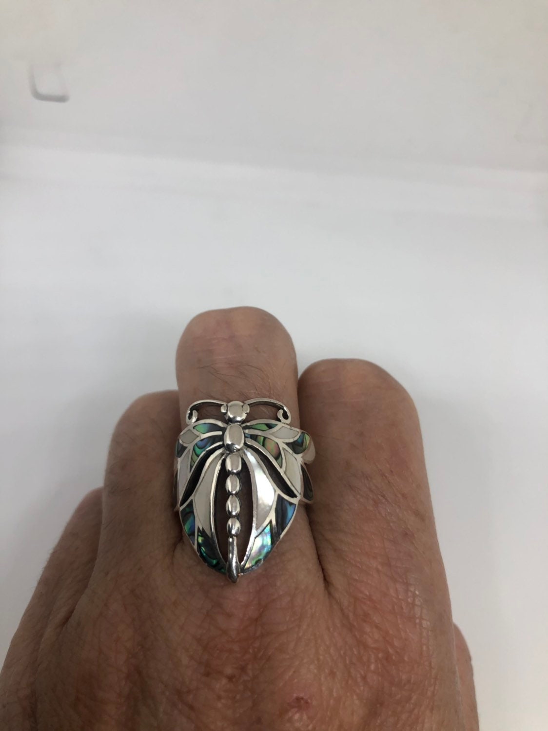 Antique Deco Mother of Pearl Abalone Dragonfly Filigree Sterling Silver Ring