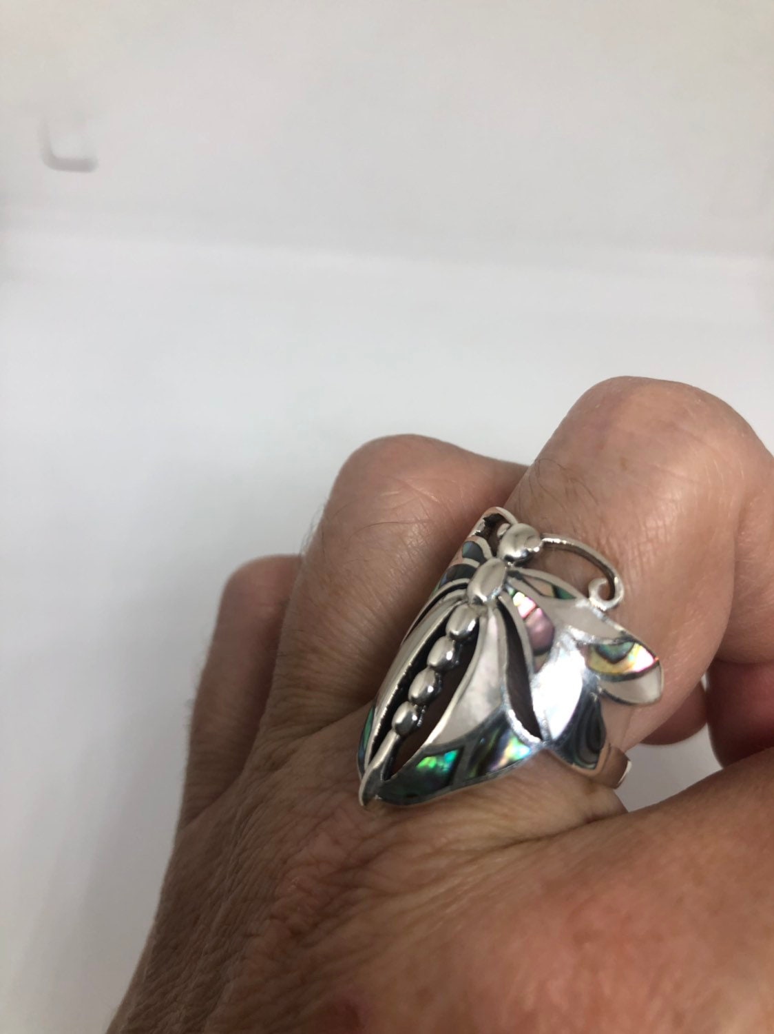 Antique Deco Mother of Pearl Abalone Dragonfly Filigree Sterling Silver Ring