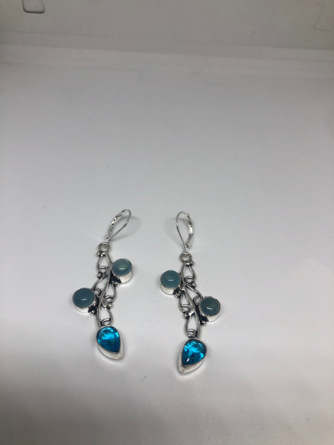 Vintage Genuine Blue Chalcedony Gemstone Filigree Sterling Silver Lever Back Chandelier Earrings