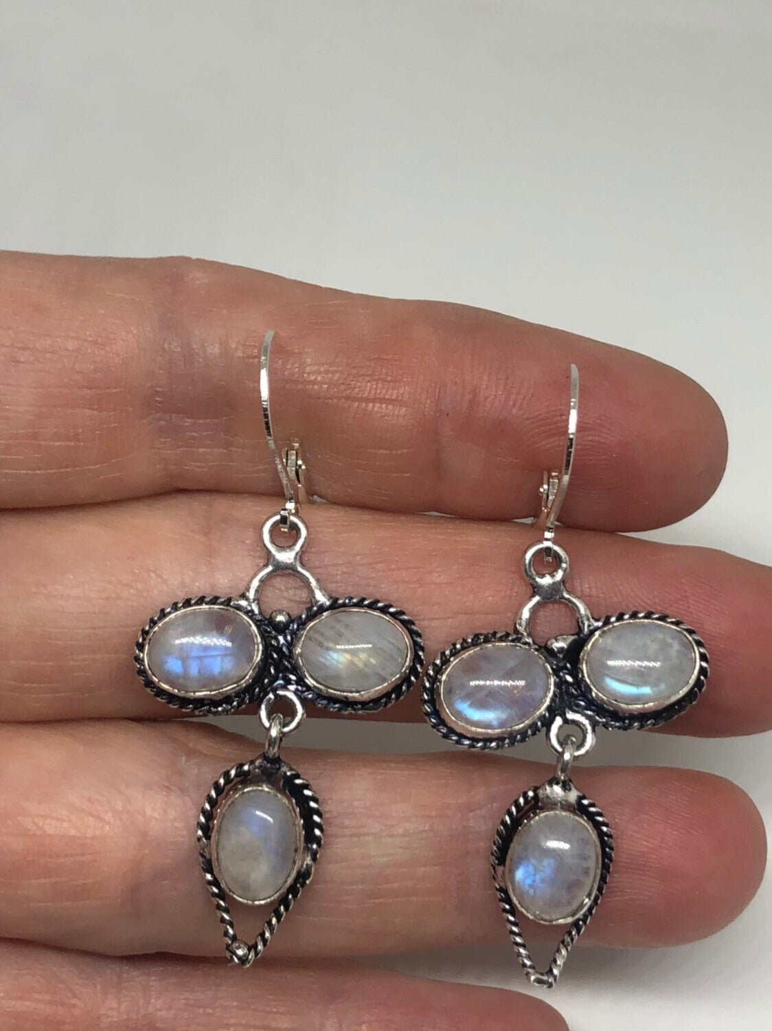 Vintage Rainbow Moonstone Sterling Silver Lever Back Dangle Earrings