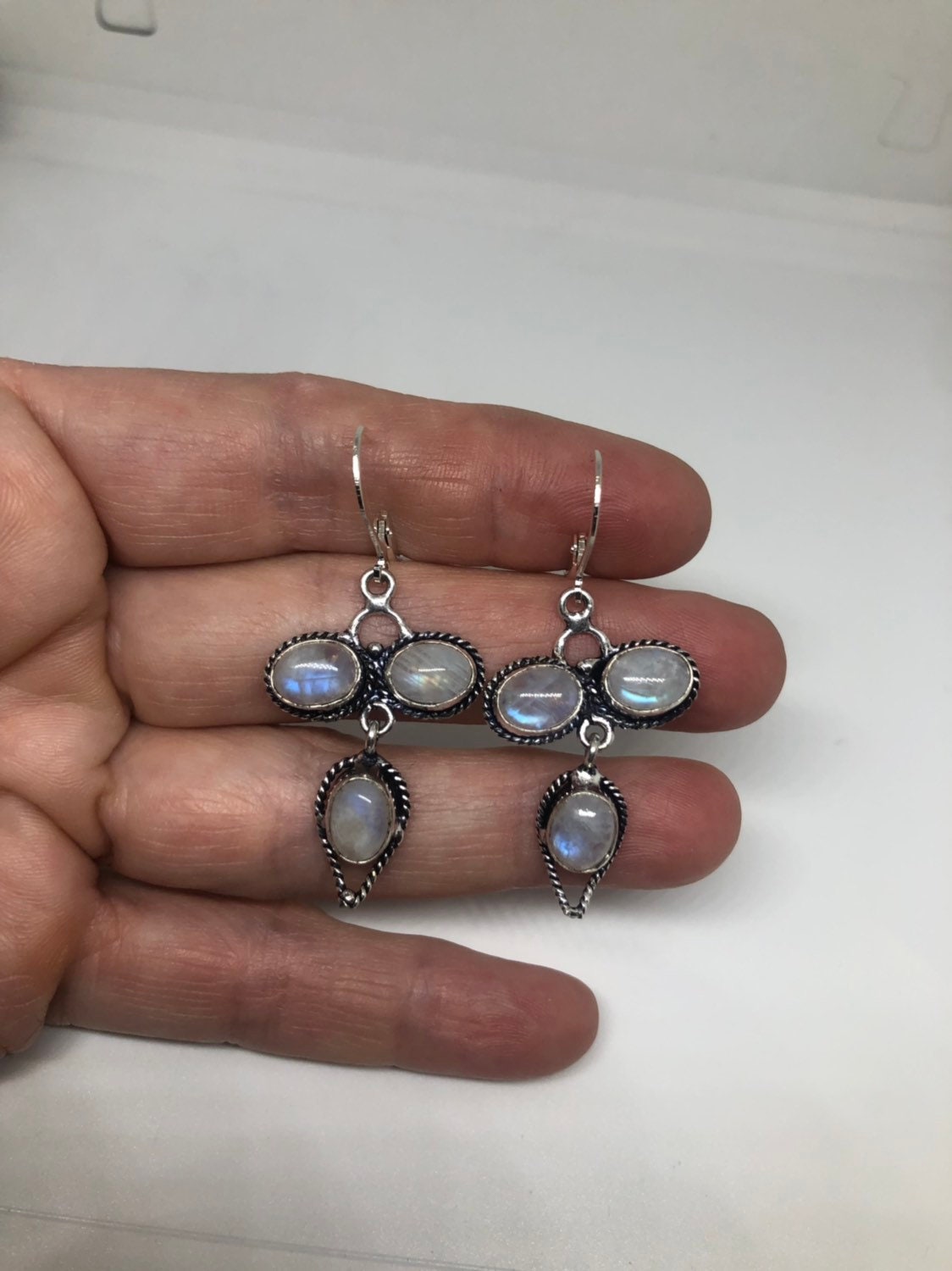 Vintage Rainbow Moonstone Sterling Silver Lever Back Dangle Earrings