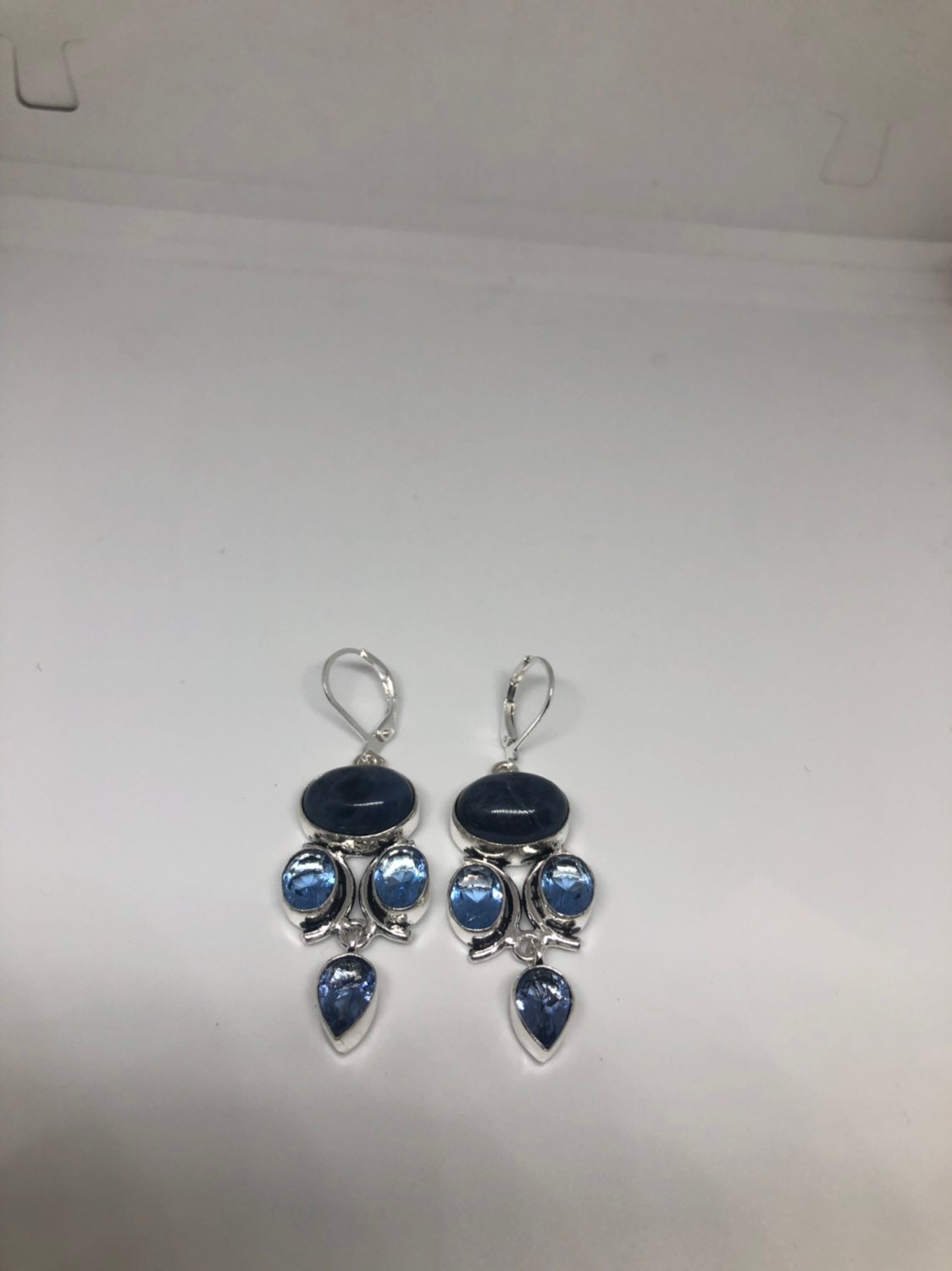 Antique Vintage Blue Lapis tones Silver Dangle Earrings