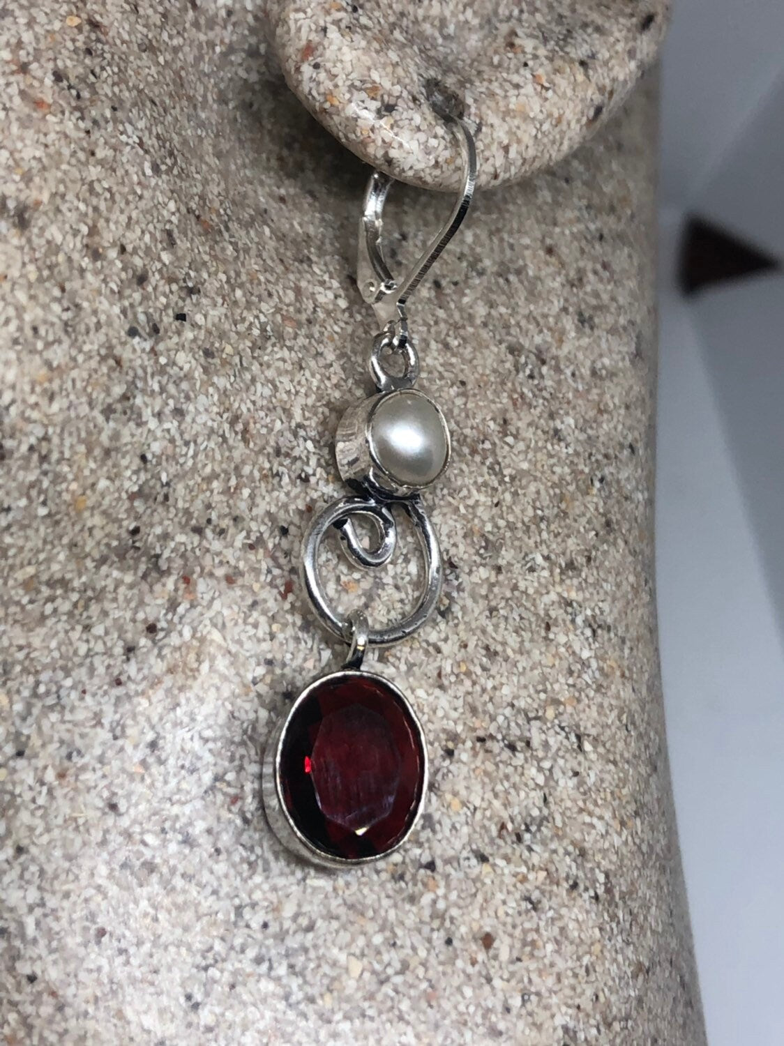 Vintage Genuine Garnet and Pearl Sterling Silver Dangle Earrings