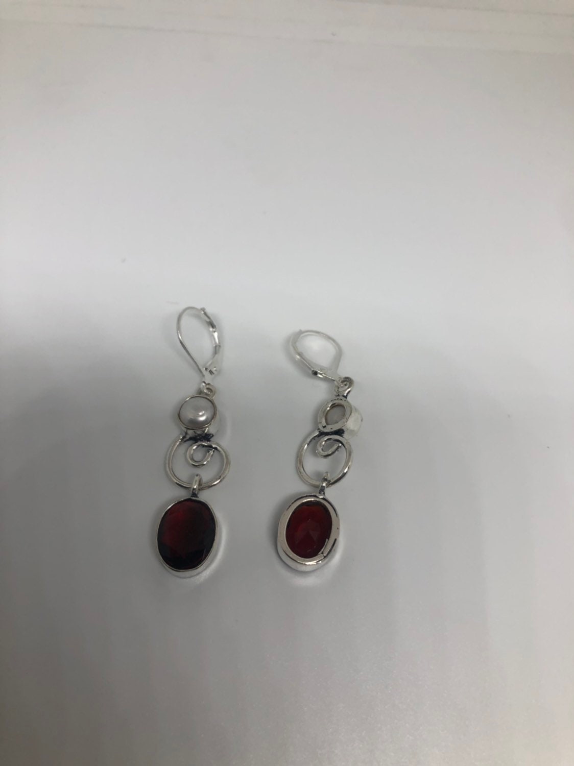 Vintage Genuine Garnet and Pearl Sterling Silver Dangle Earrings