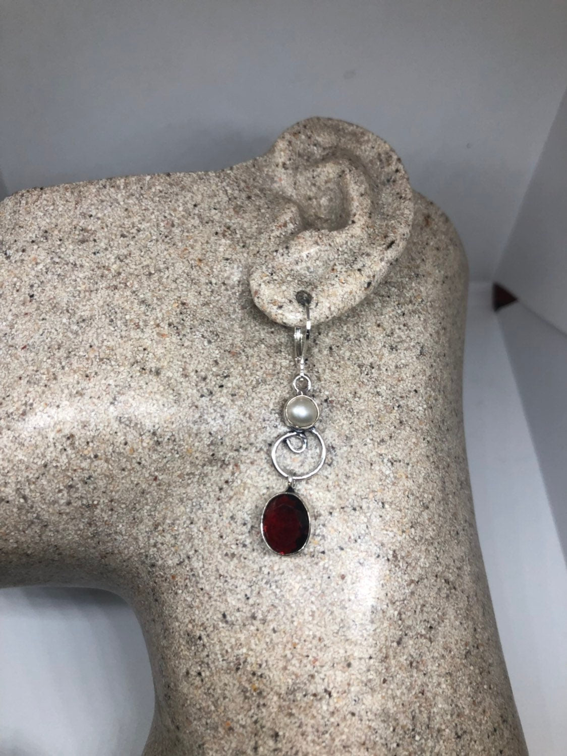 Vintage Genuine Garnet and Pearl Sterling Silver Dangle Earrings