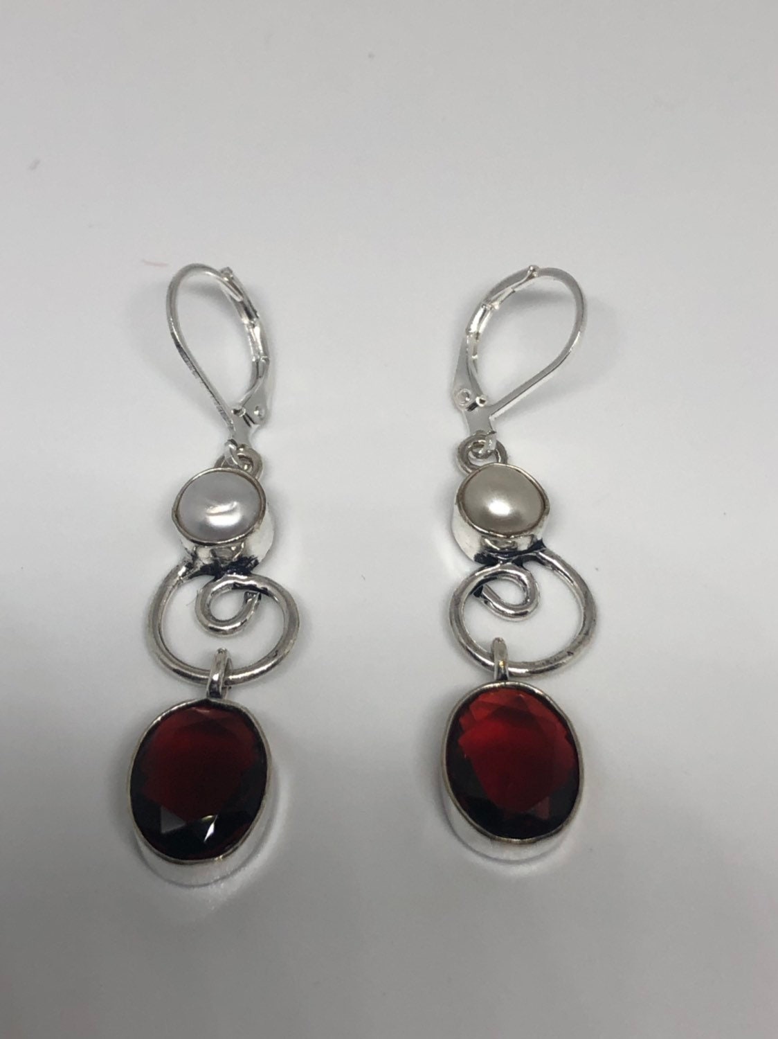 Vintage Genuine Garnet and Pearl Sterling Silver Dangle Earrings