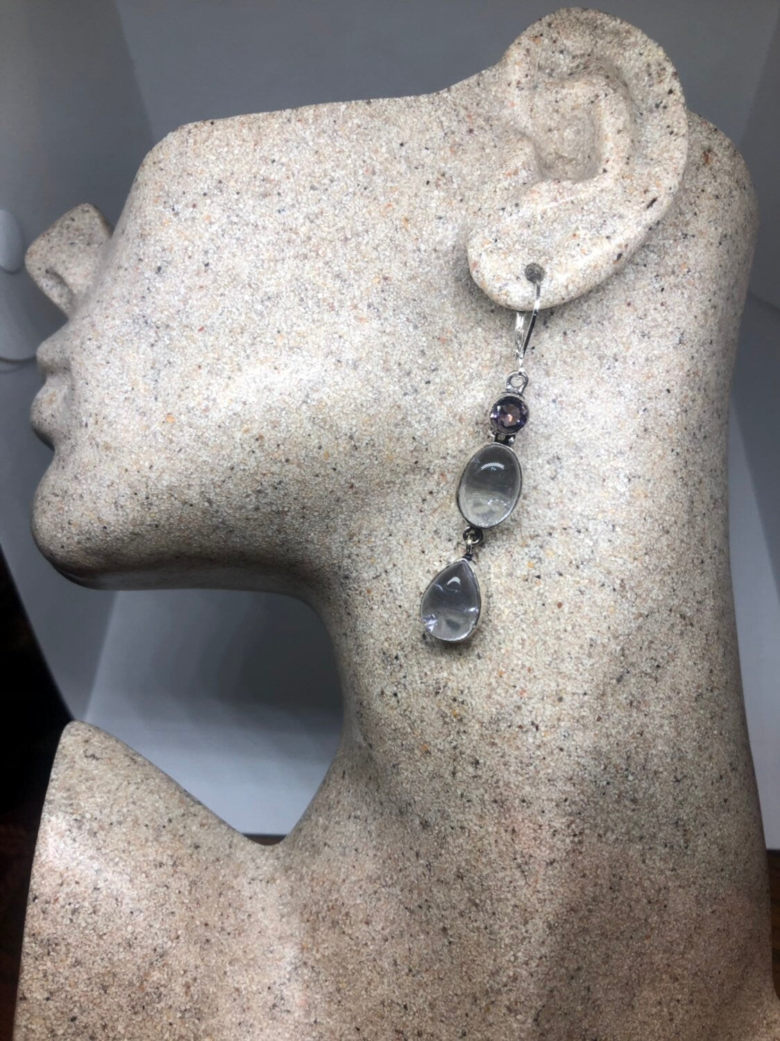 Antique Crystal Quartz Gemstone Bronze Silver Dangle Earrings
