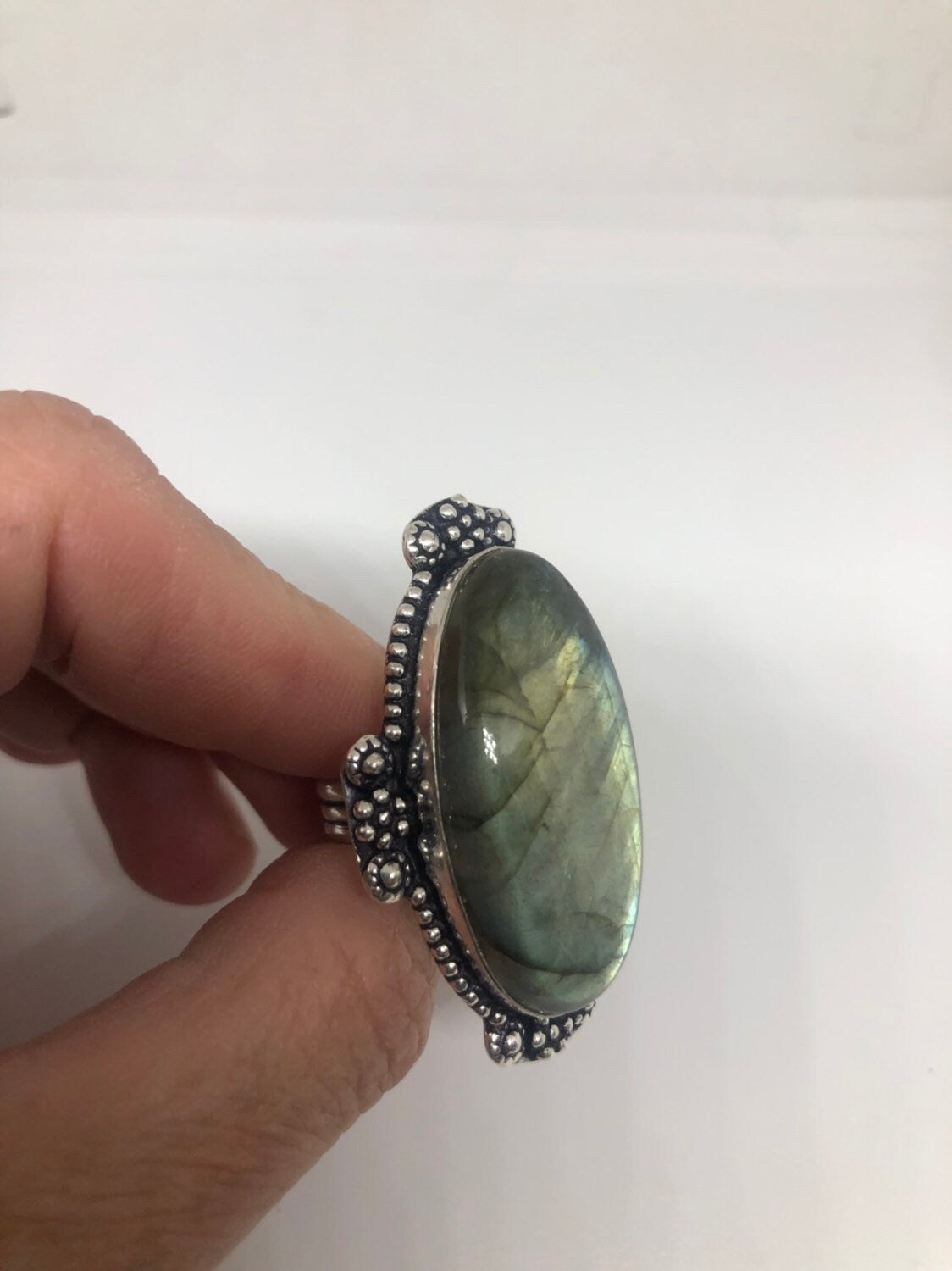 Vintage Green Labradorite Rainbow Moonstone Stone Silver Ring