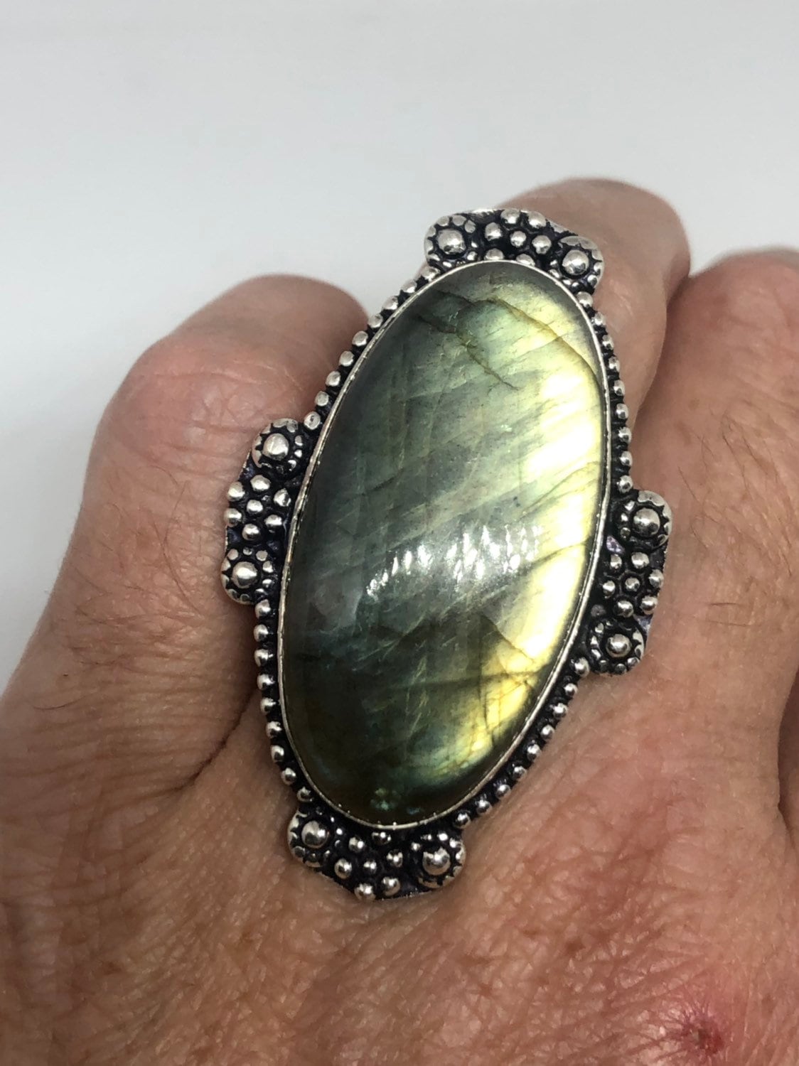 Vintage Green Labradorite Rainbow Moonstone Stone Silver Ring