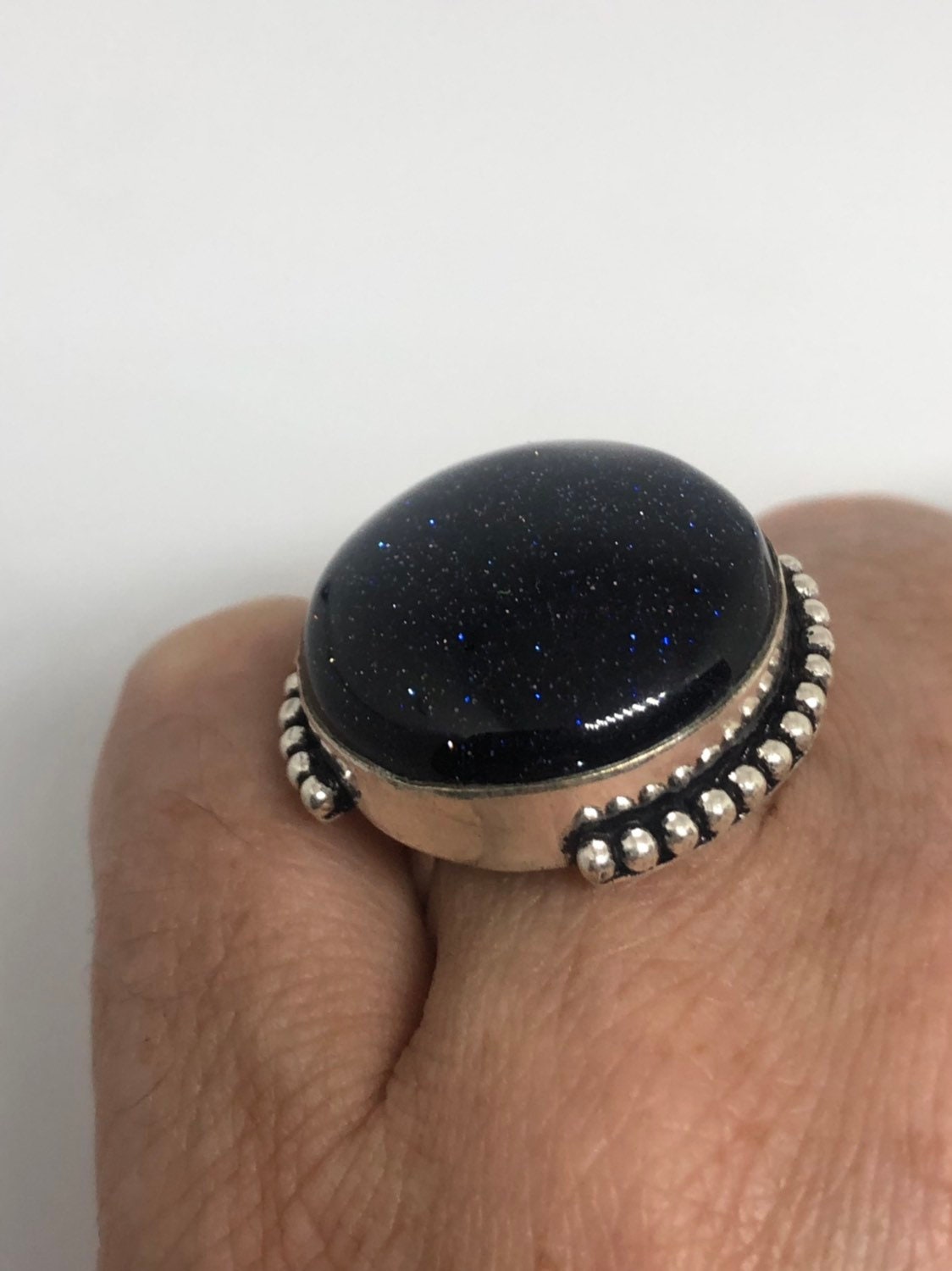 Vintage Handmade Deep Black Sandstone Setting Silver Ring