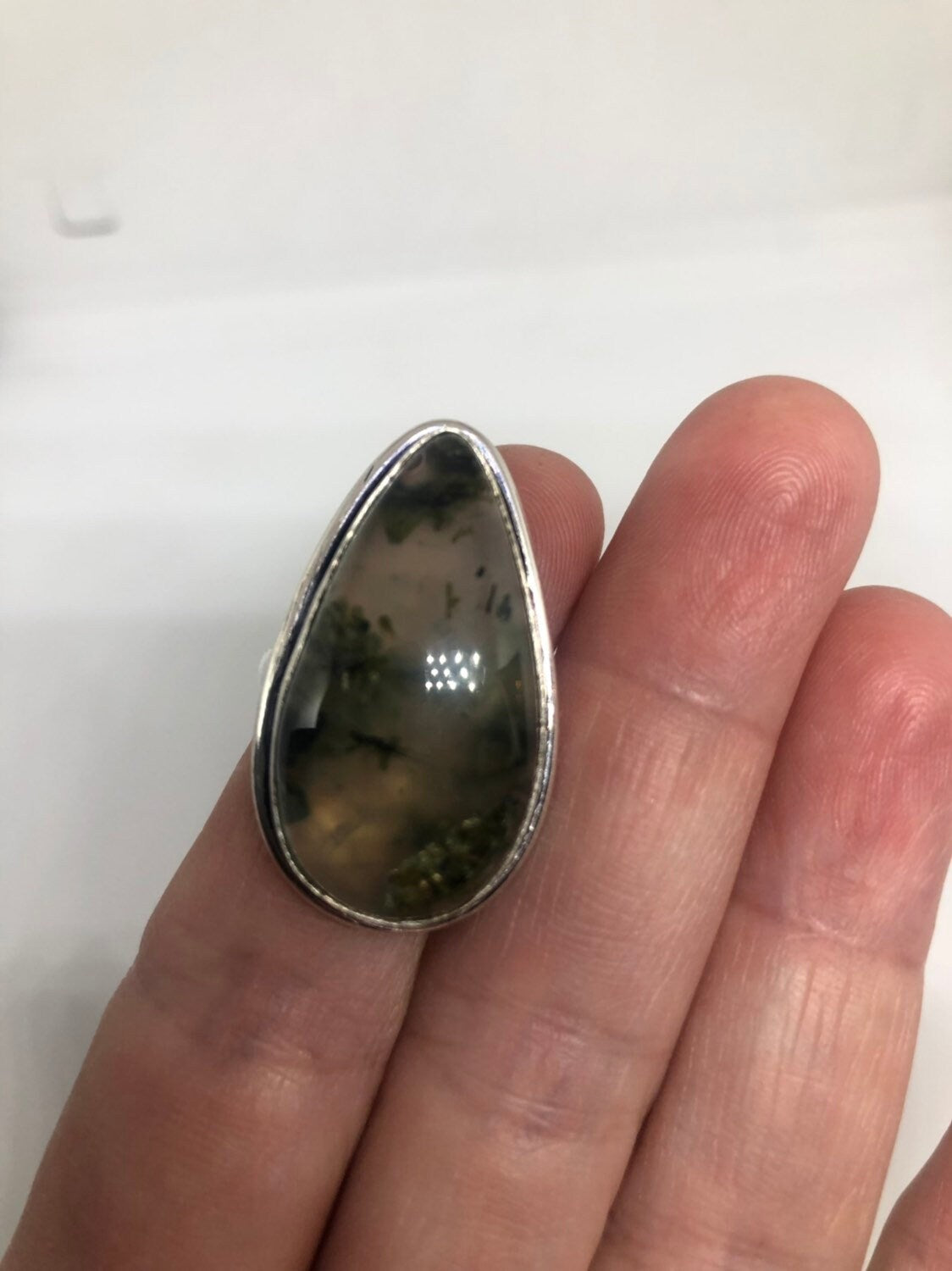 Vintage Green Moss Agate Silver Ring About an Inch Long Knuckle Ring