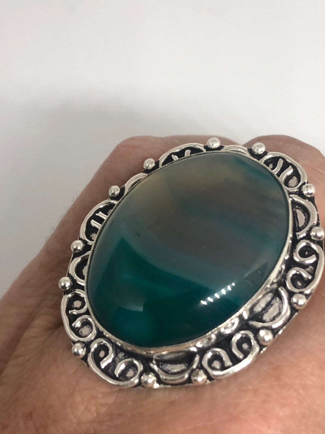 Vintage Green Agate Silver Ring About an Inch Long Knuckle Ring