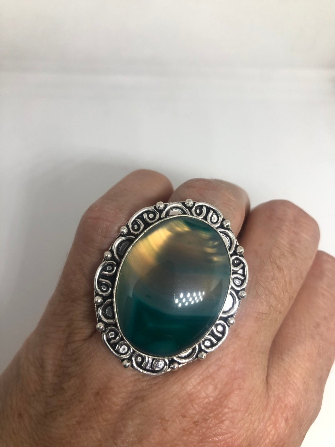 Vintage Green Agate Silver Ring About an Inch Long Knuckle Ring