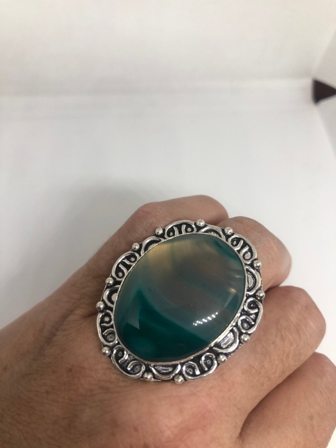 Vintage Green Agate Silver Ring About an Inch Long Knuckle Ring