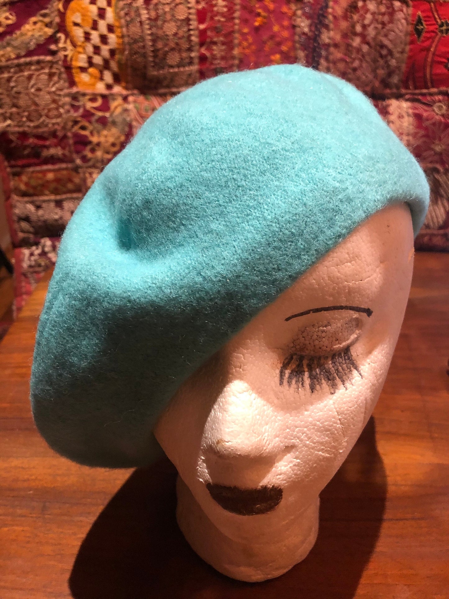 Vintage Turquoise Blue Wool Felt 11 in Beret Hat