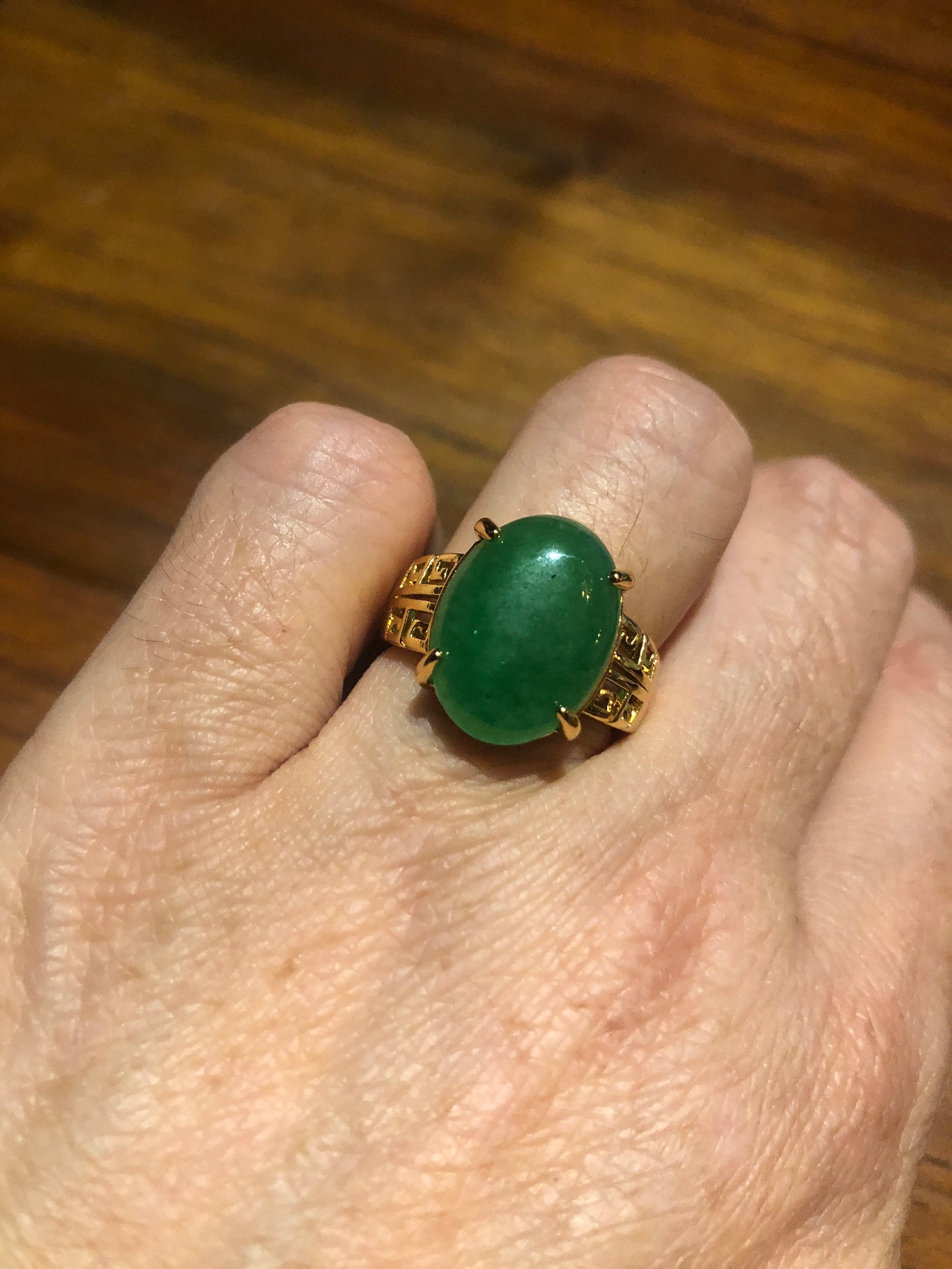 Vintage Lucky Green Nephrite Jade Golden Ring