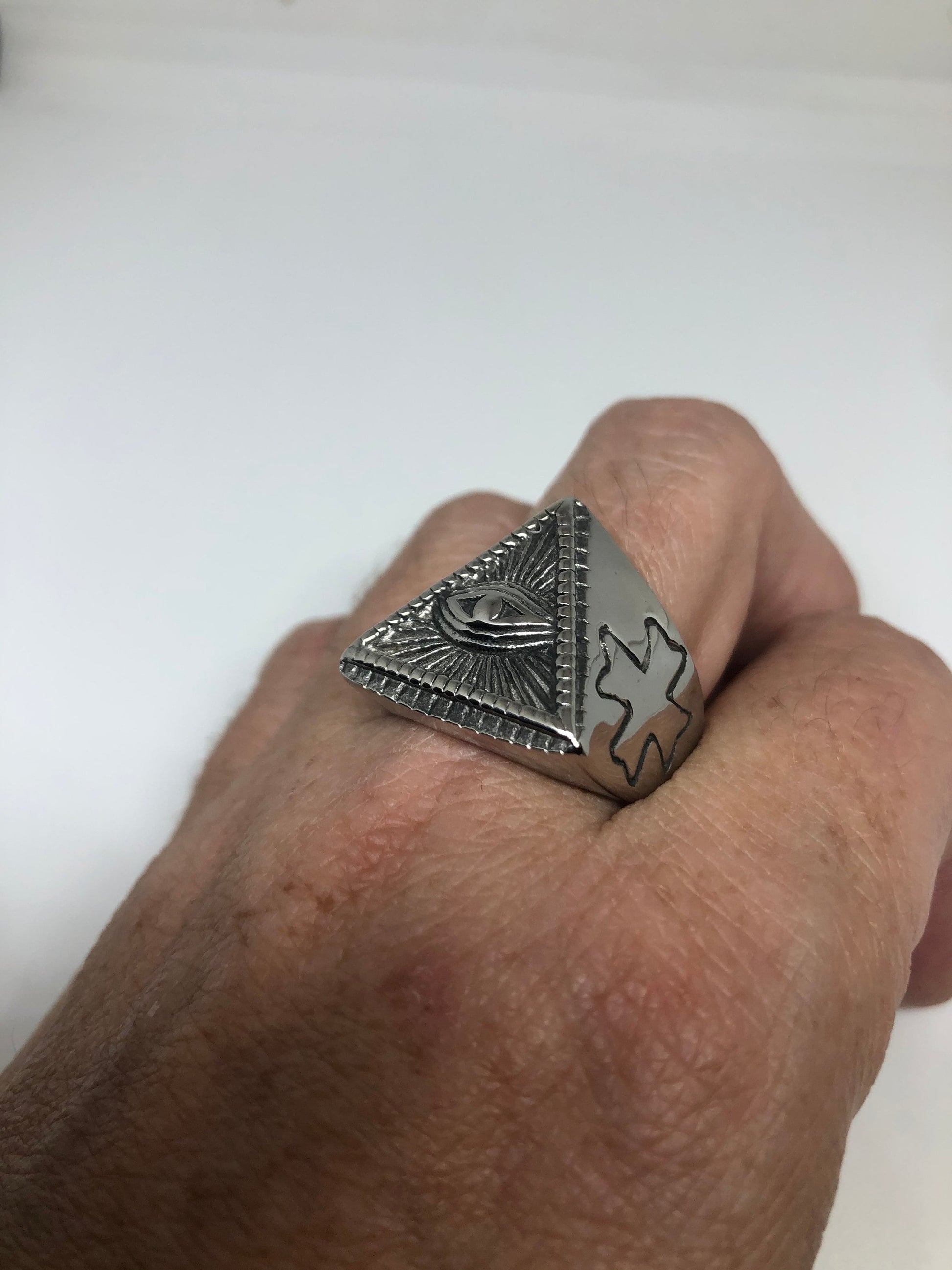 Vintage Gothic Stainless Steel Illuminati Eye Pyramid Mens Ring