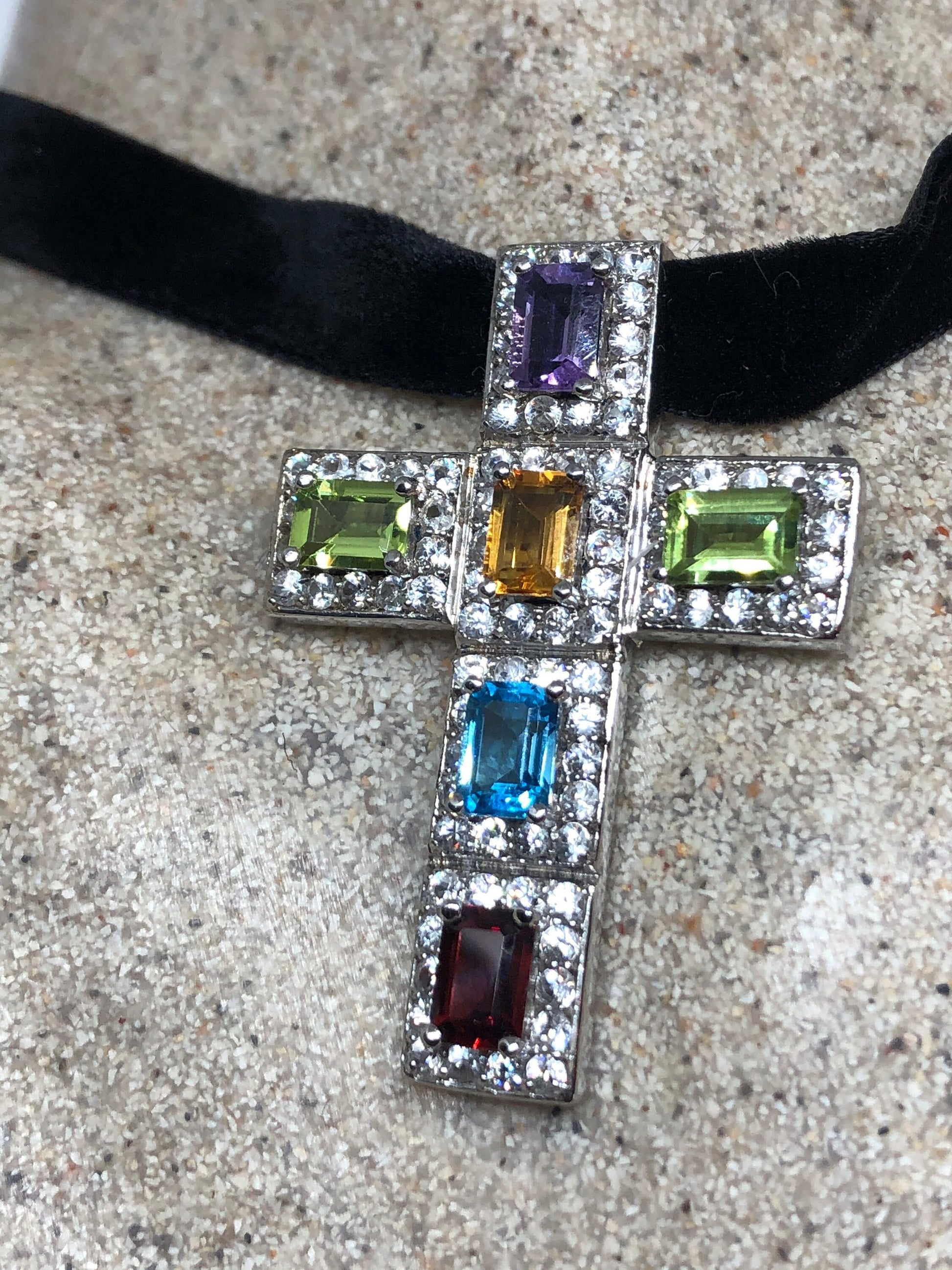 Vintage Handmade 925 Sterling Silver Mixed Gemstone Cross Antique Pendant Necklace
