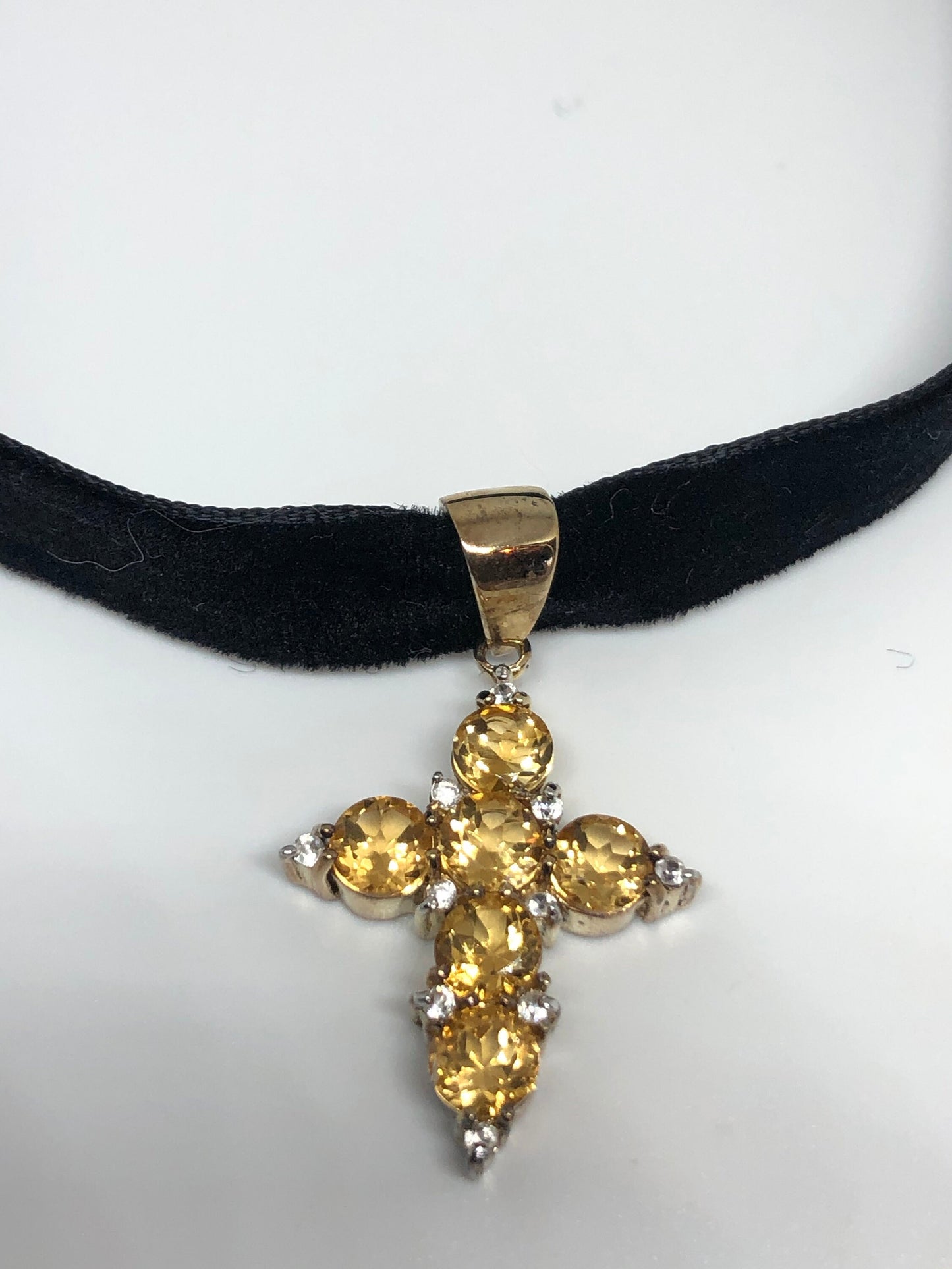 Vintage Gold Citrine Cross 925 Sterling Silver Pendant Choker Necklace