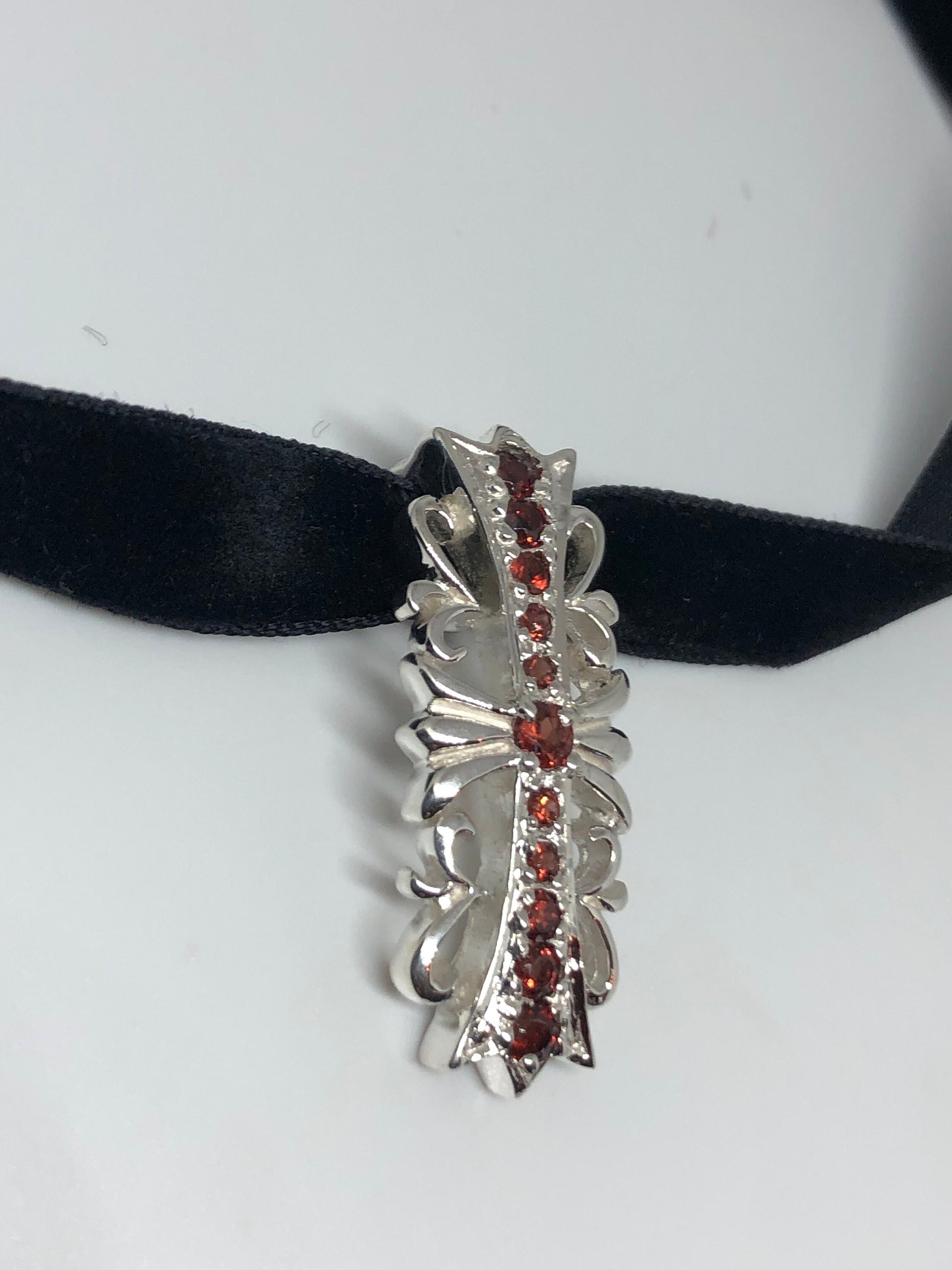 Vintage Red Garnet Cross Choker Necklace 925 Sterling Silver Pendant