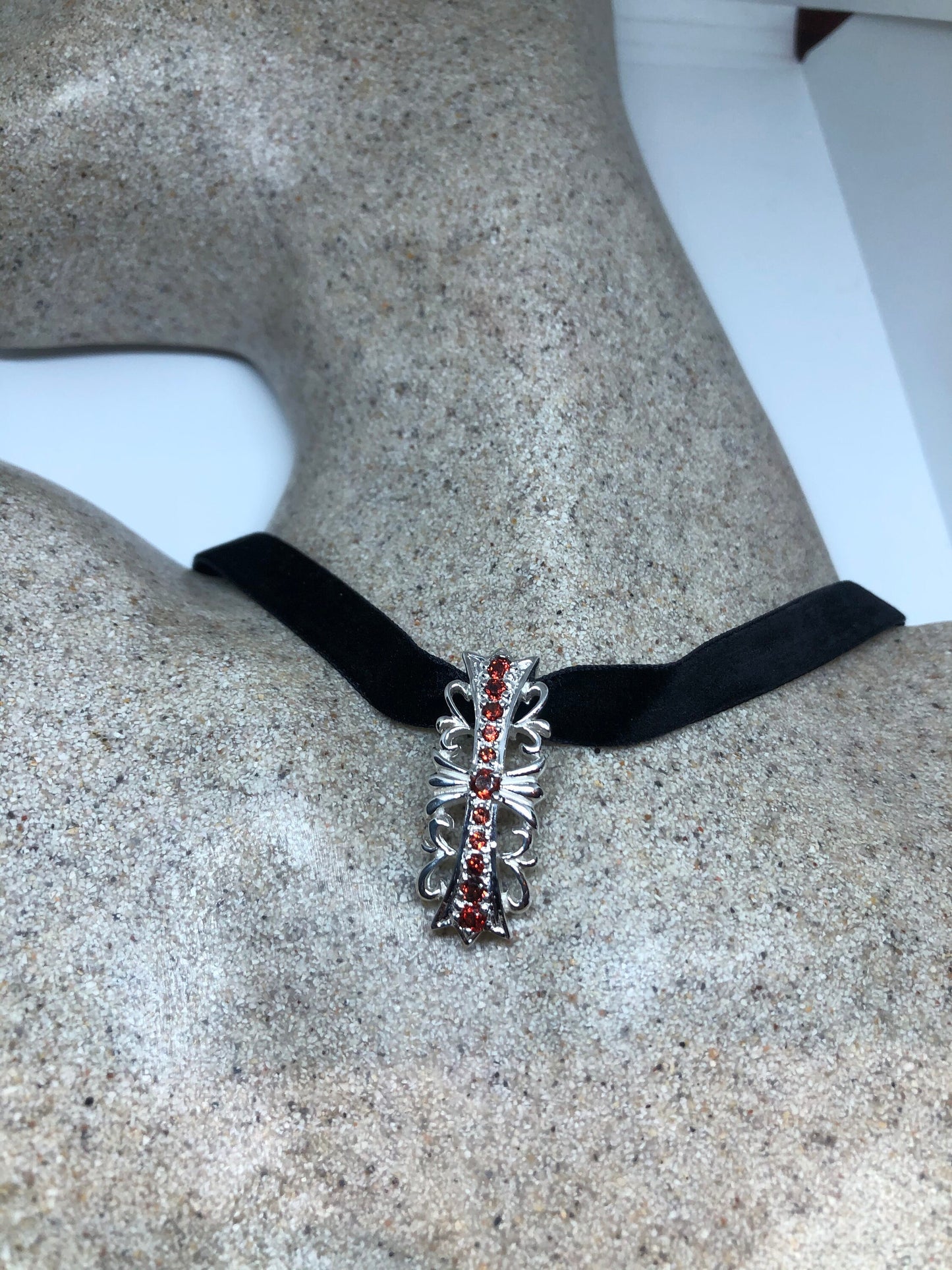 Vintage Red Garnet Cross Choker Necklace 925 Sterling Silver Pendant