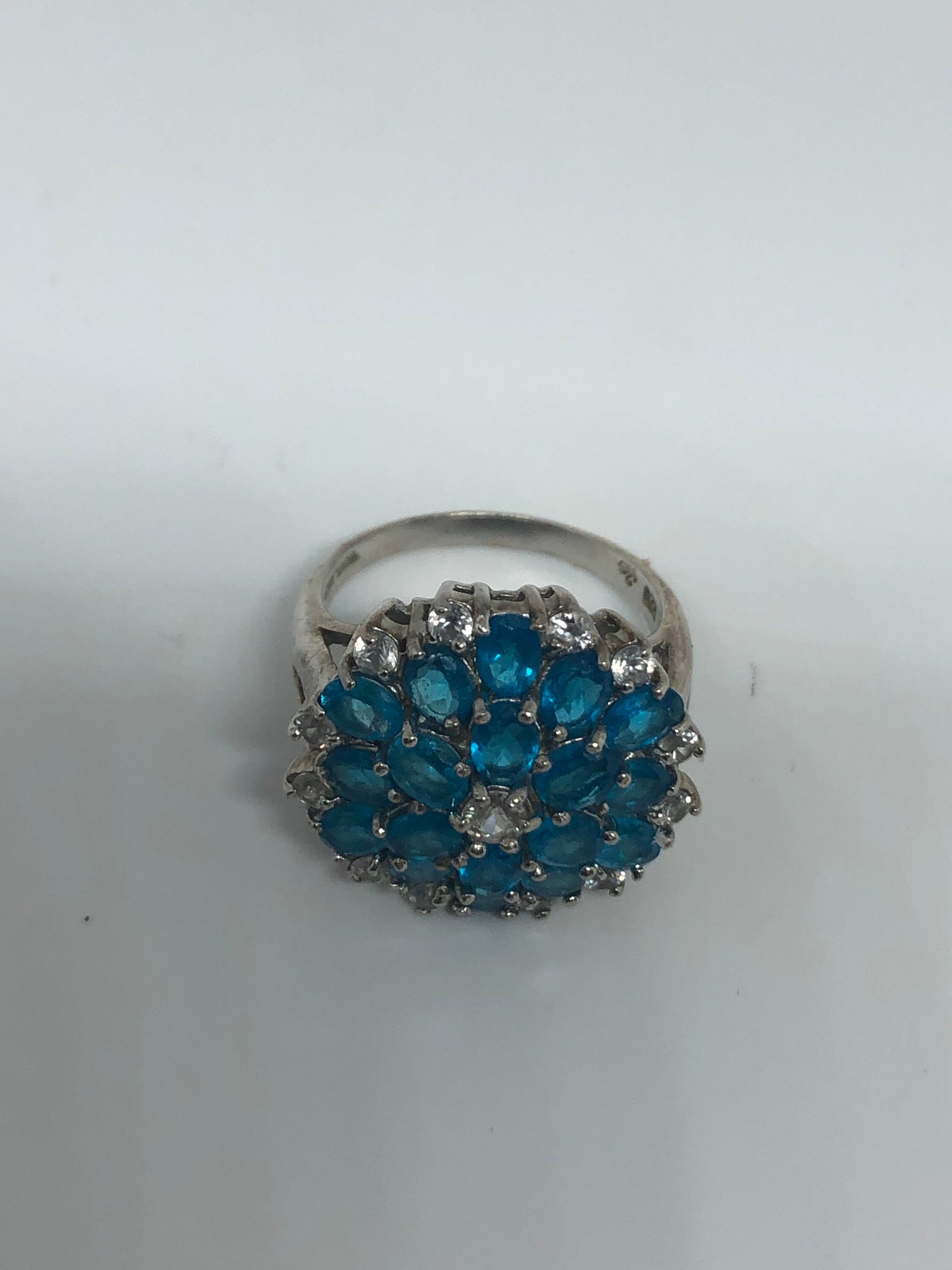 Vintage Blue Flourite 925 Sterling Silver Flower Ring Size 9