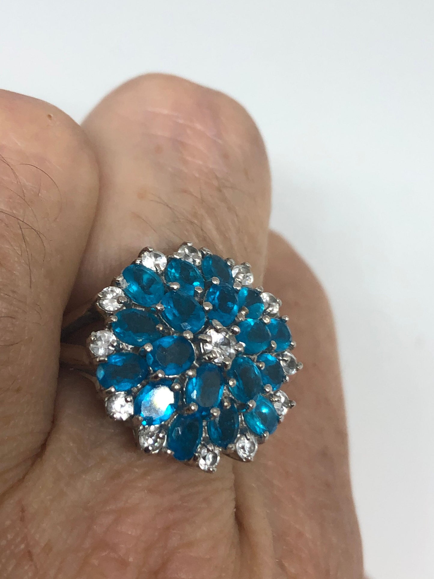 Vintage Blue Flourite 925 Sterling Silver Flower Ring Size 9