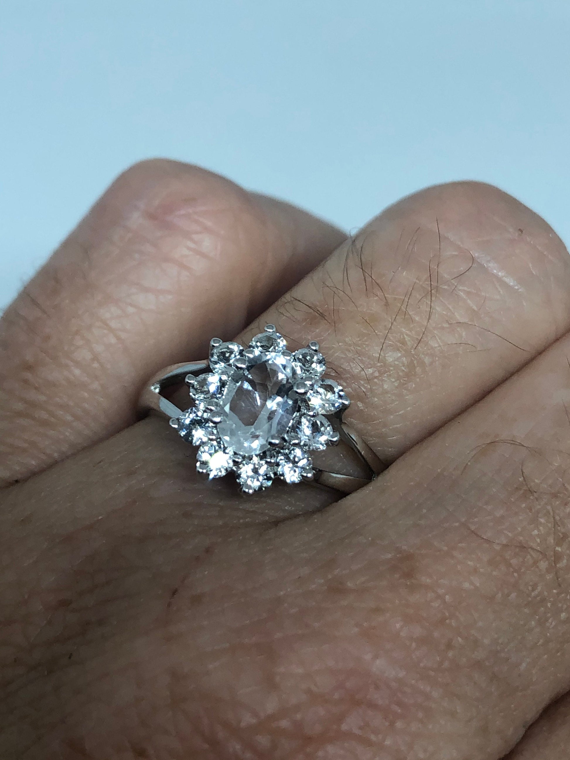 Vintage Clear White Sapphire 925 Sterling Silver Small Cocktail Ring