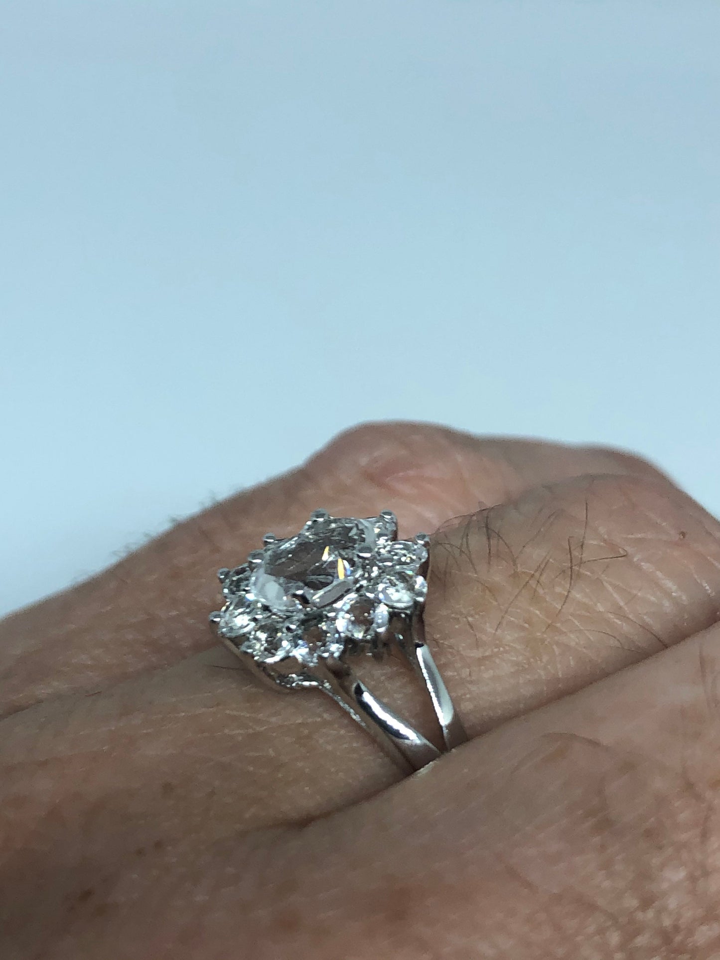 Vintage Clear White Sapphire 925 Sterling Silver Small Cocktail Ring