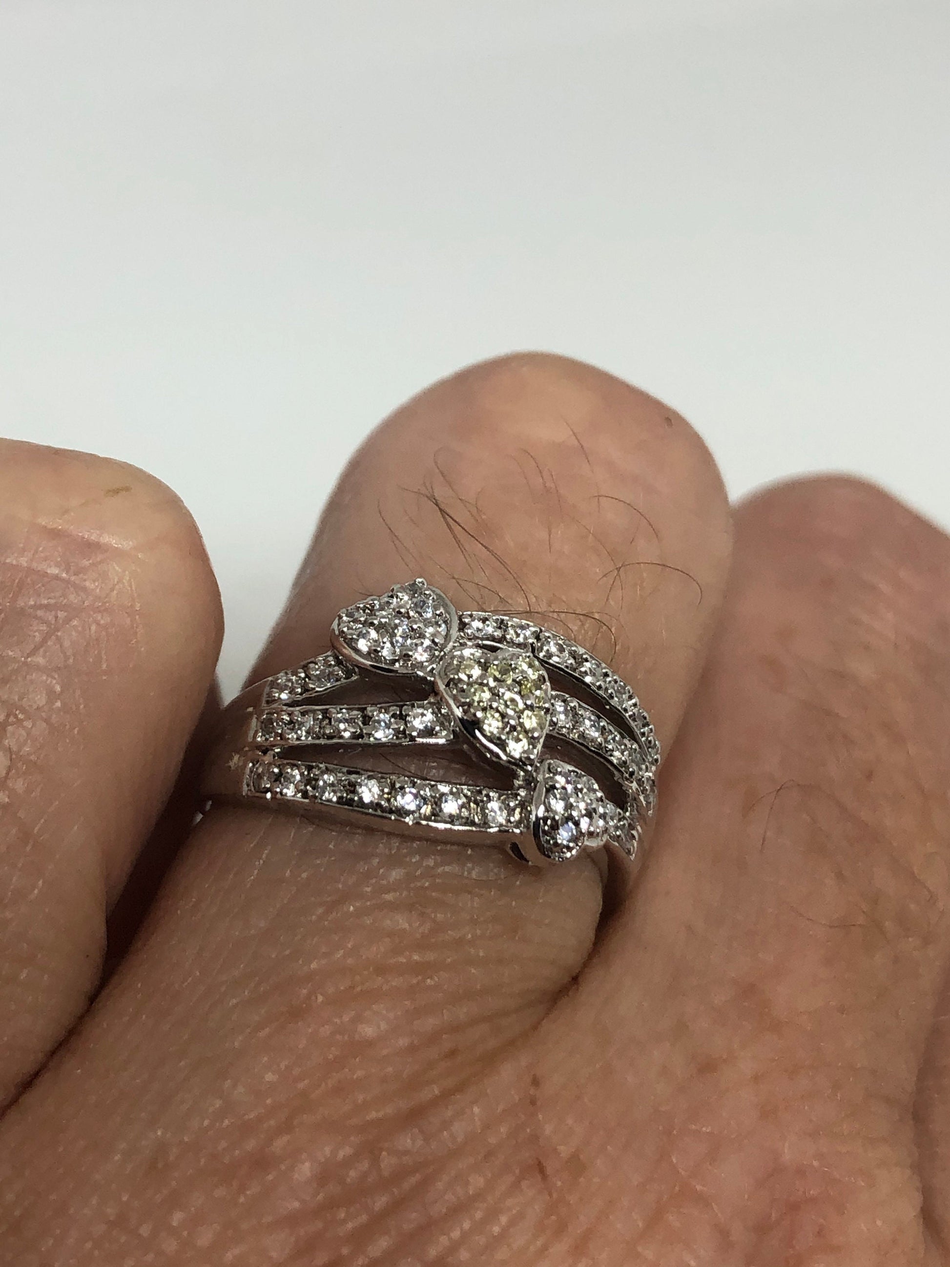 Vintage Clear White Sapphire 925 Sterling Silver Cocktail Heart Ring Size 7