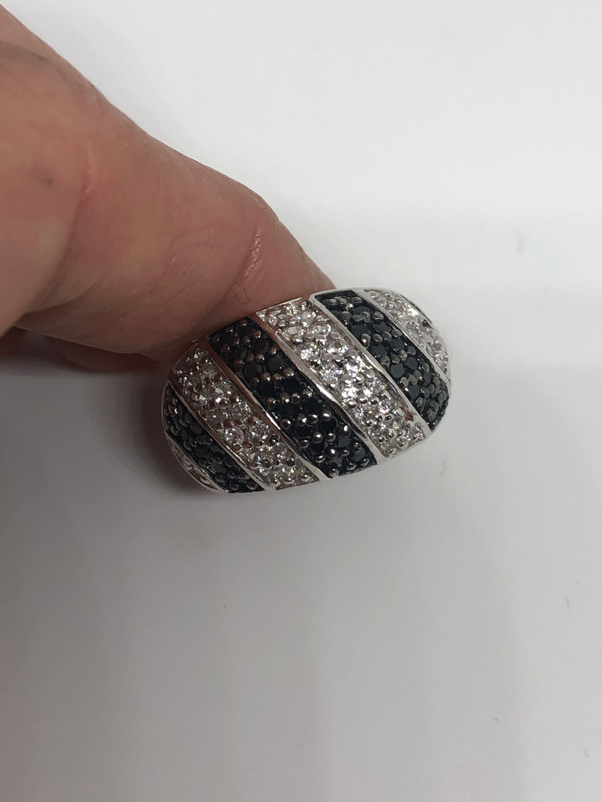 Vintage Clear White and Black Sapphire 925 Sterling Silver Cocktail Ring Size 6.5
