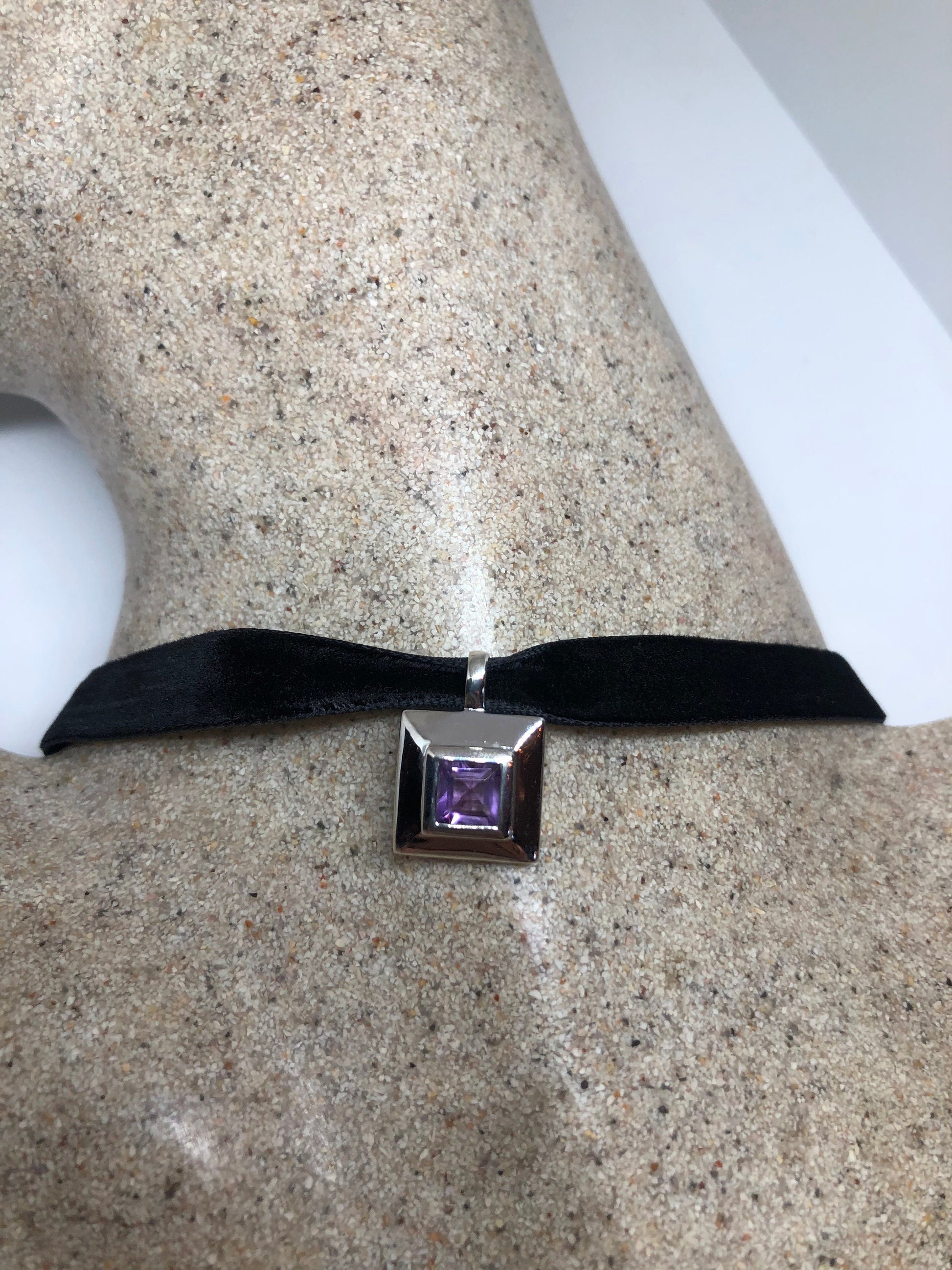 Vintage Handmade 925 Sterling Silver Genuine Amethyst Choker Antique Pendant Necklace