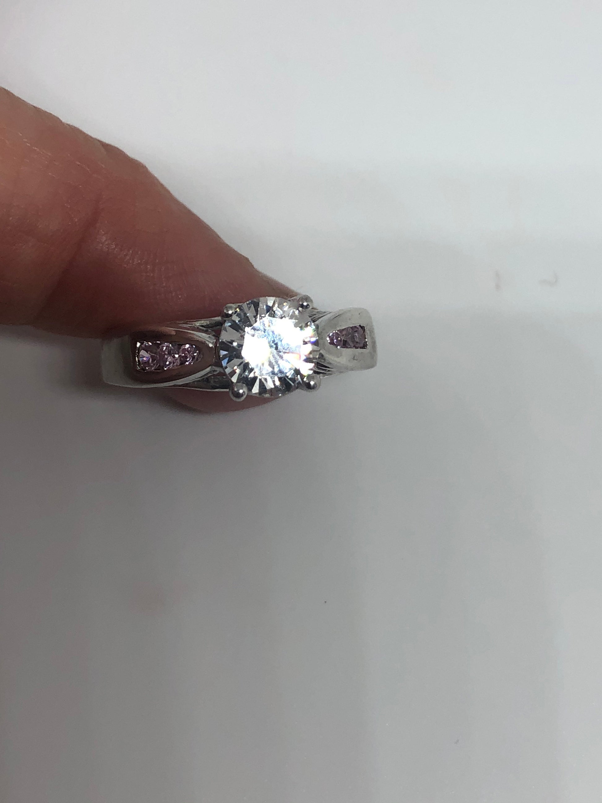 Vintage Clear and Pink CZ 925 Sterling Silver Cocktail Ring Size 7