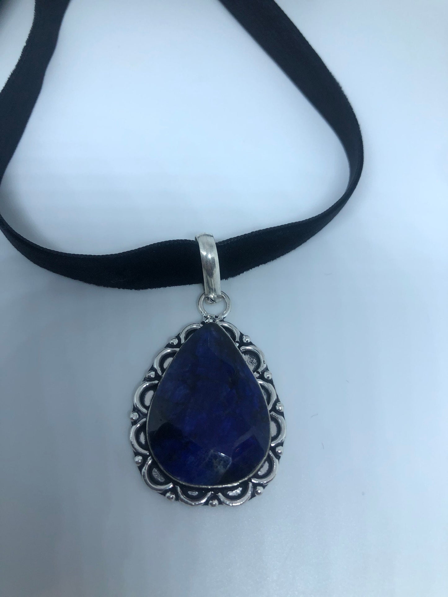 Vintage Tibetan Blue Lapis Lazuli Boho Choker Black Velevet Ribbon Necklace.