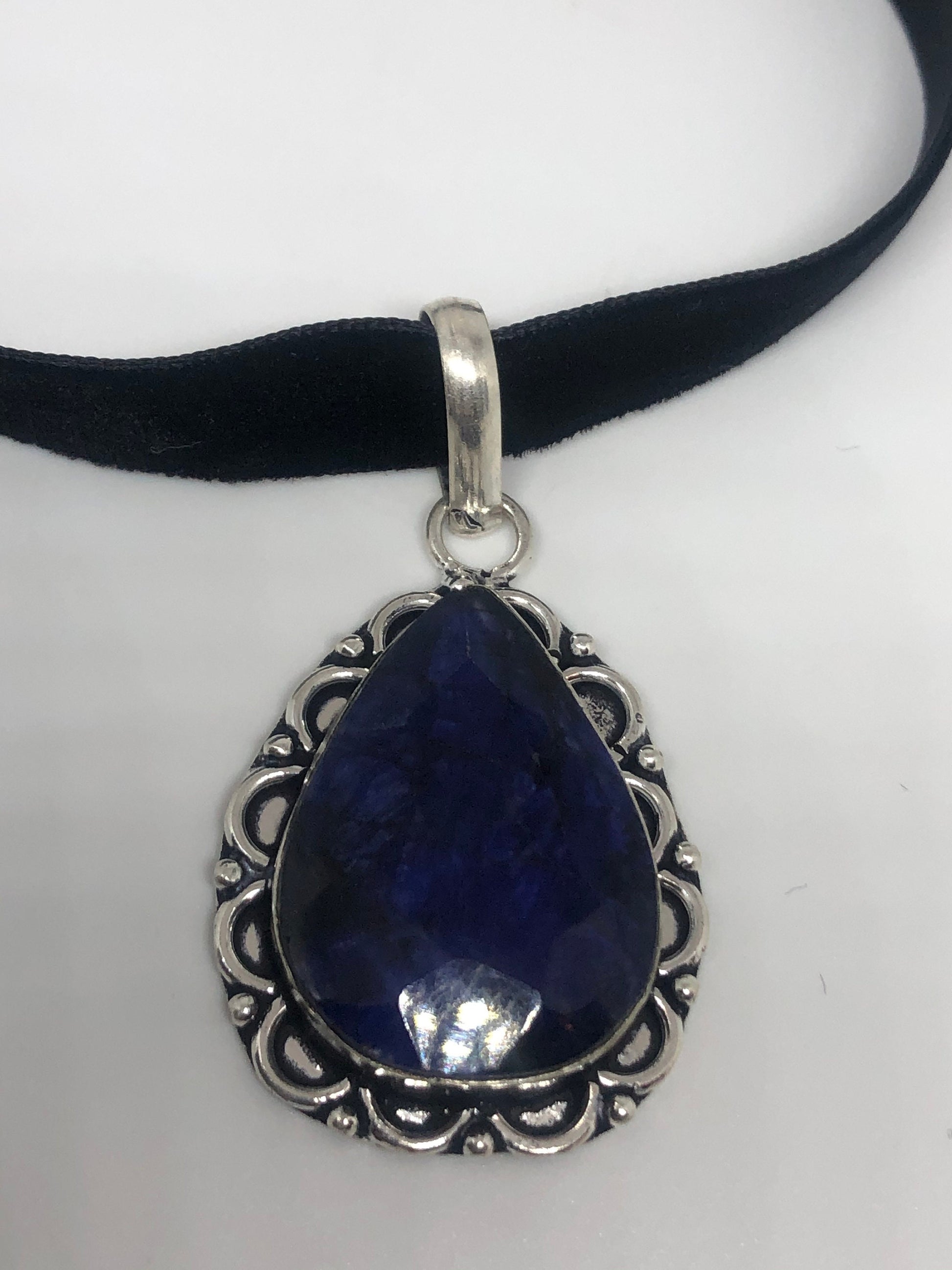 Vintage Tibetan Blue Lapis Lazuli Boho Choker Black Velevet Ribbon Necklace.