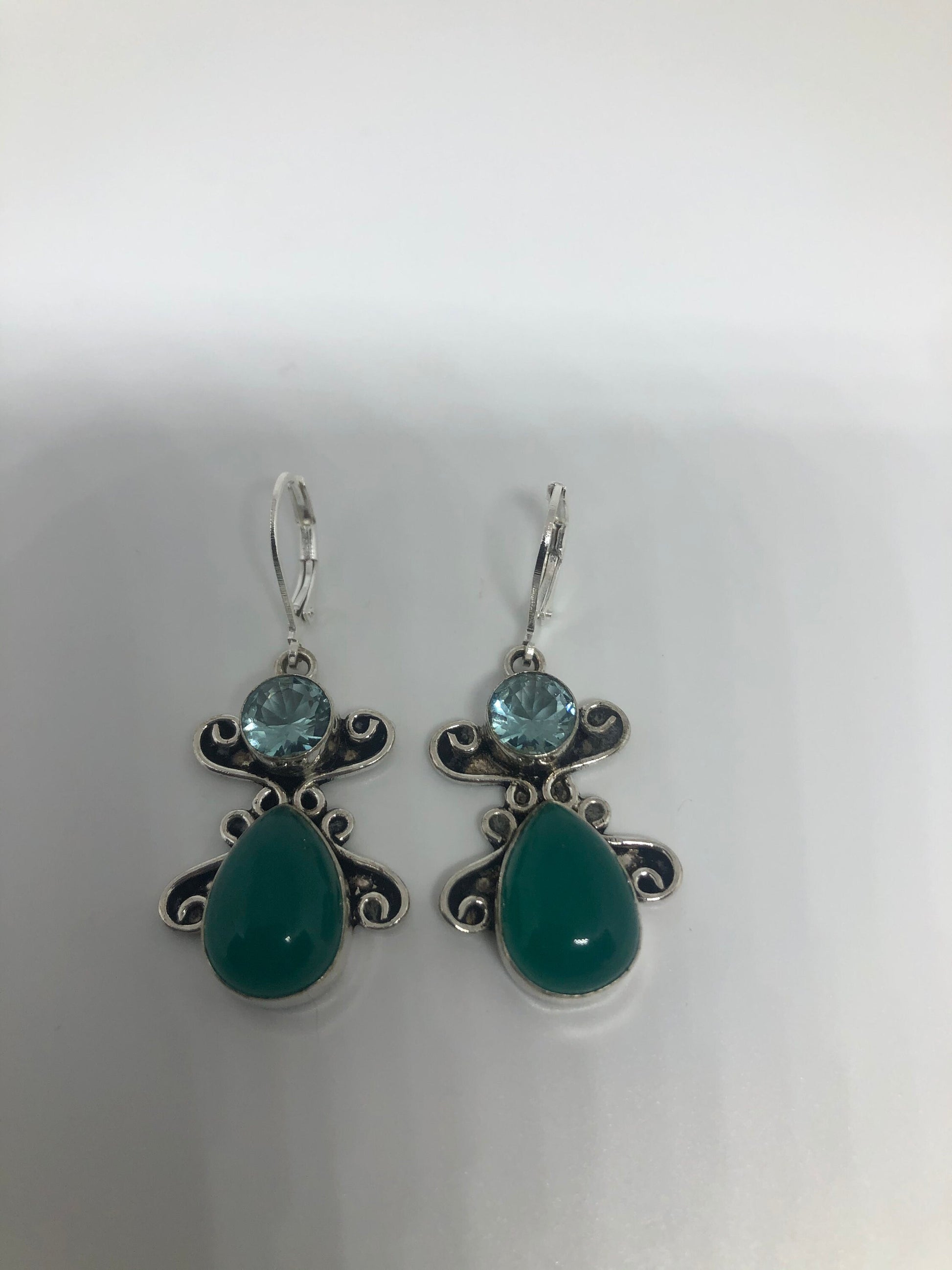 Antique Vintage Green Chrysoprase Silver Dangle Earrings