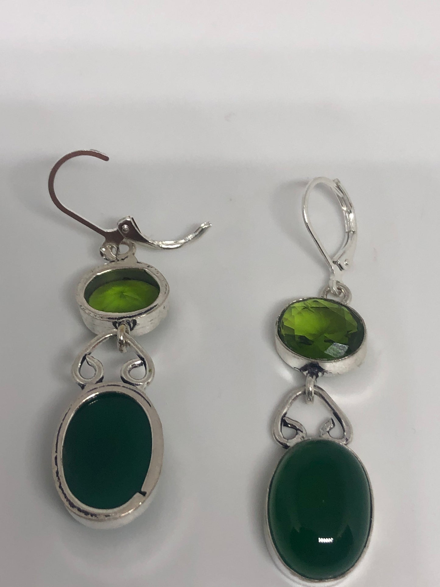 Antique Vintage Green Chrysoprase Silver Dangle Earrings