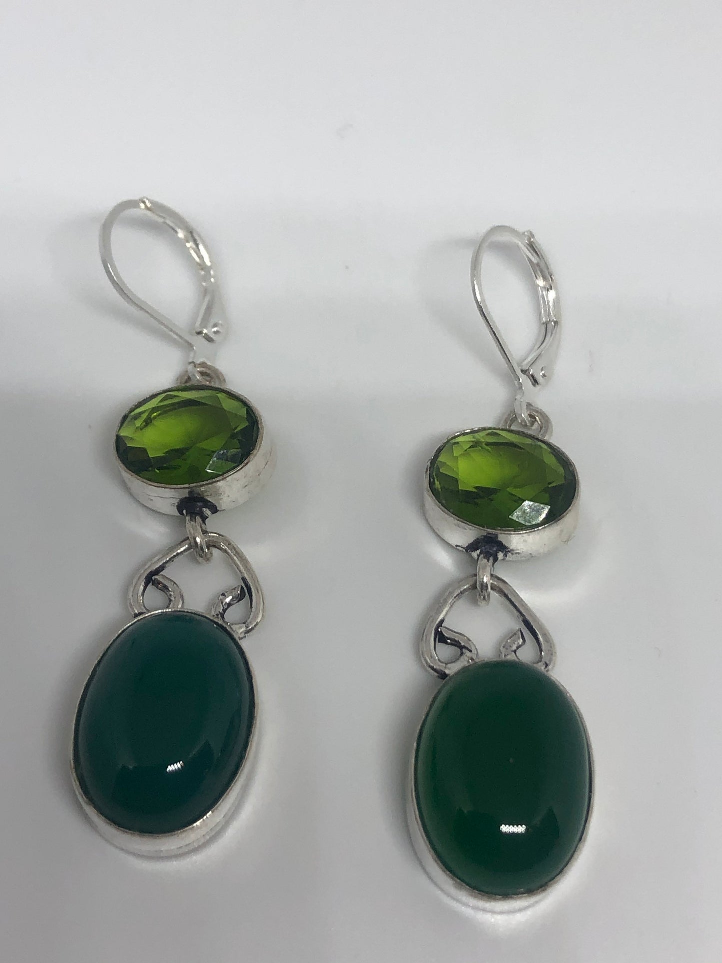 Antique Vintage Green Chrysoprase Silver Dangle Earrings