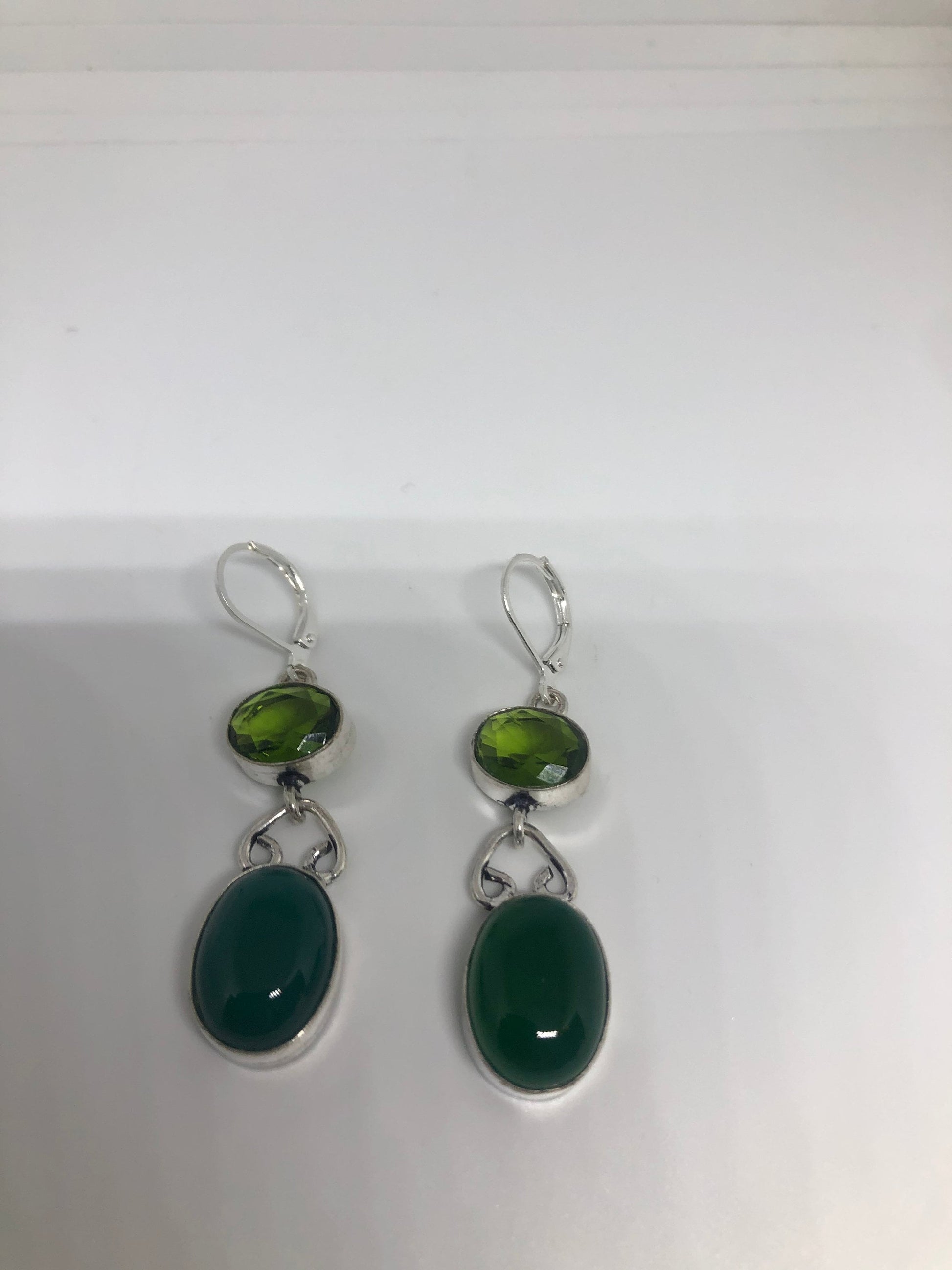 Antique Vintage Green Chrysoprase Silver Dangle Earrings